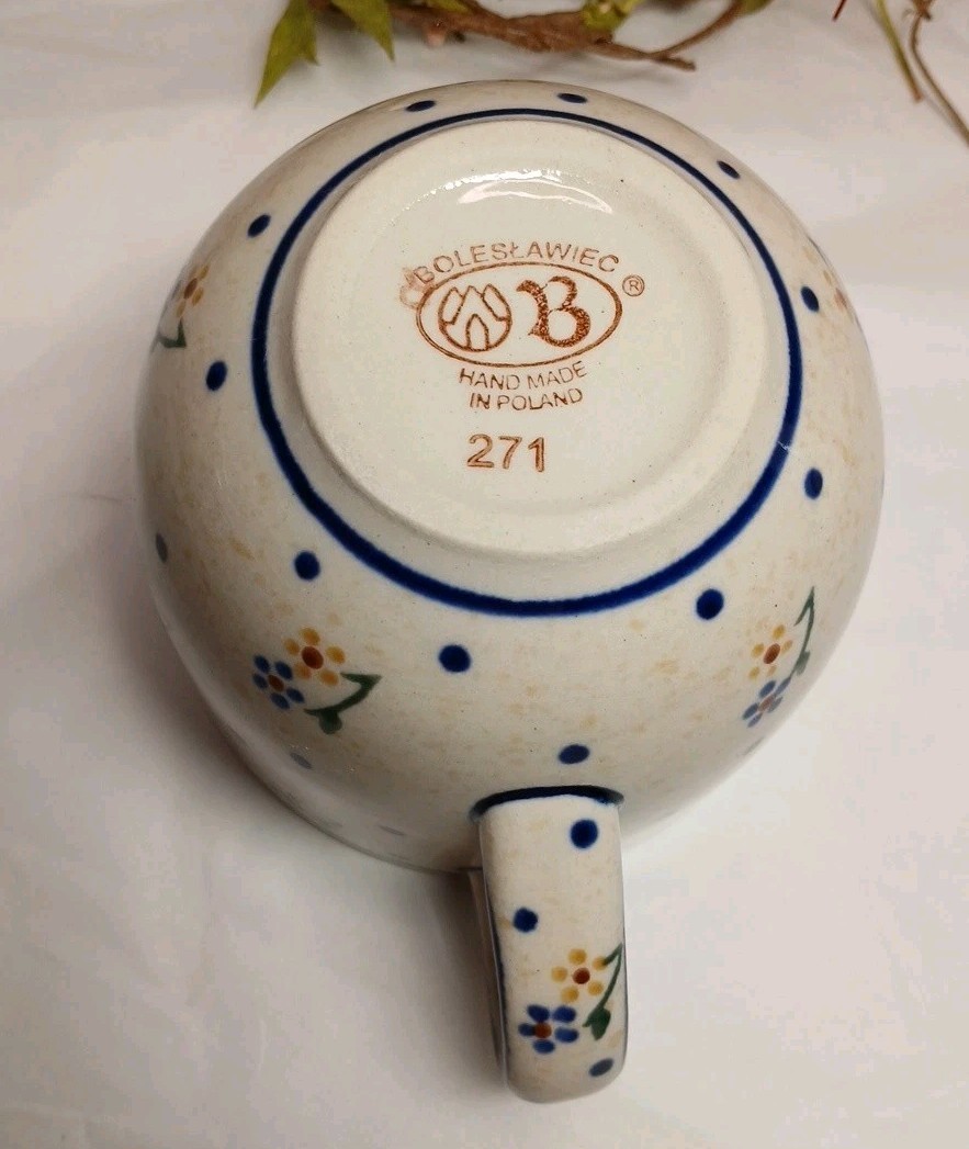 Boleslawiec Polish Pottery Mug Cup Daisy Blue Flower Pattern Beige Replacement
