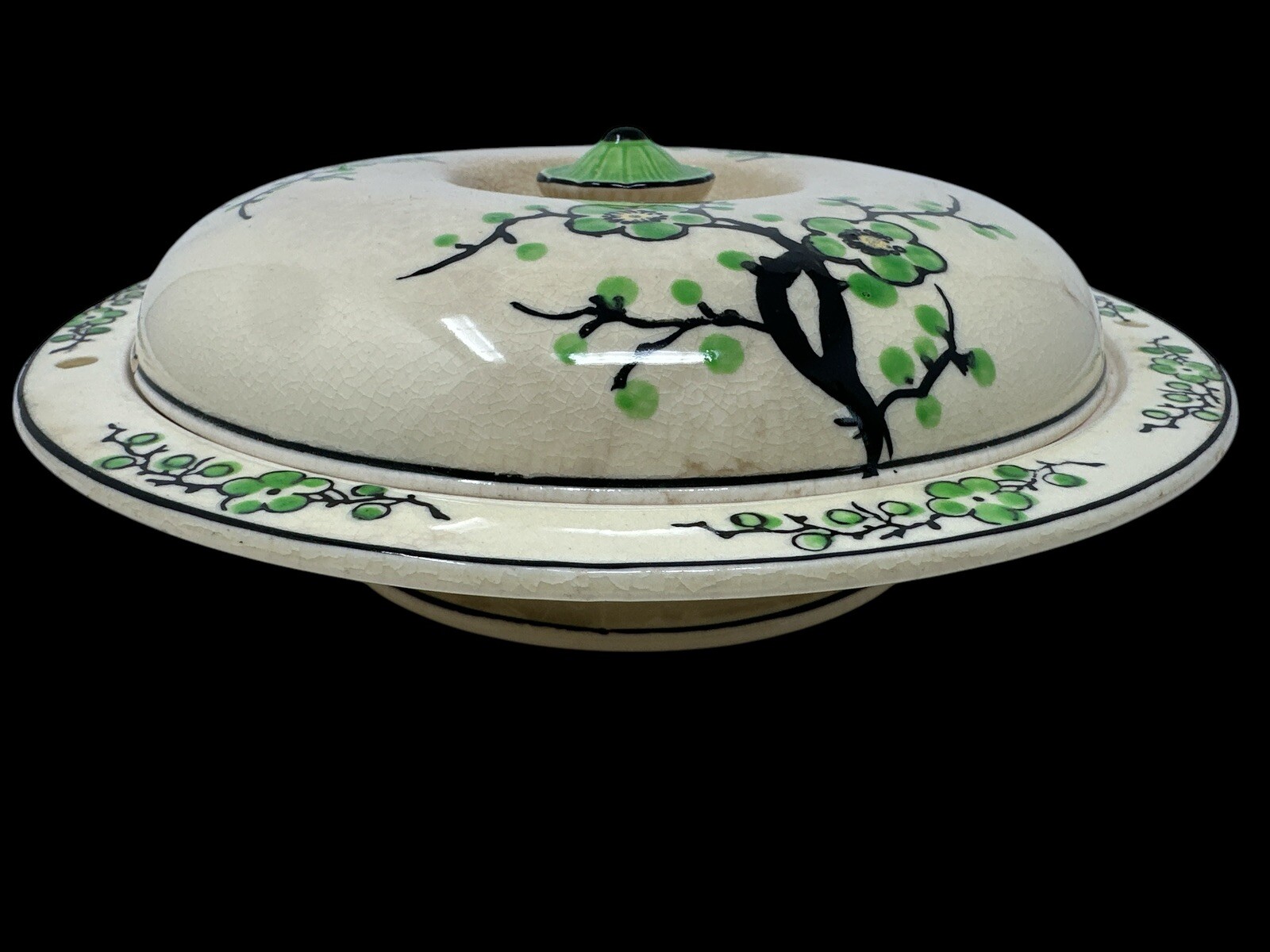 Vintage 1930s MORIYAMA Ceramic Covered Divided Platter Hand Painted Green Flora