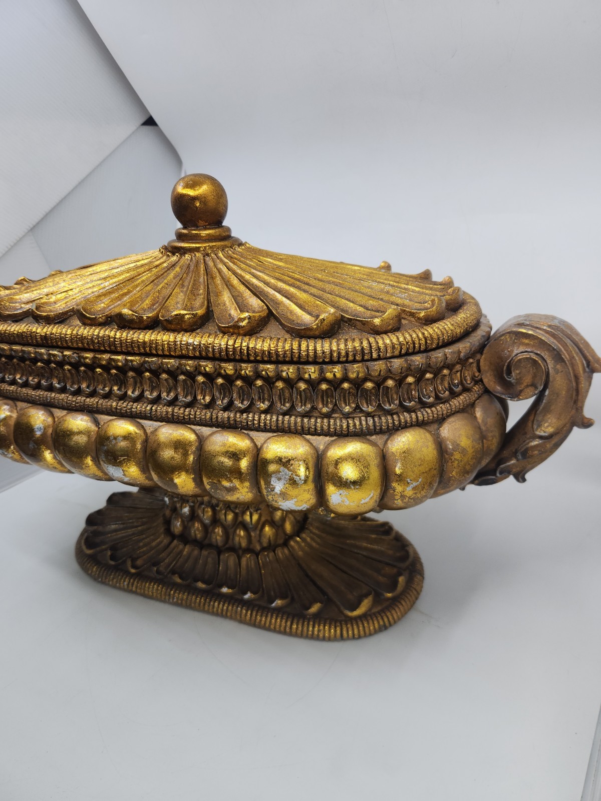 Large Hollywood Regency Gold Covered Tureen Urn Centerpiece Pedestal Bowl 21″