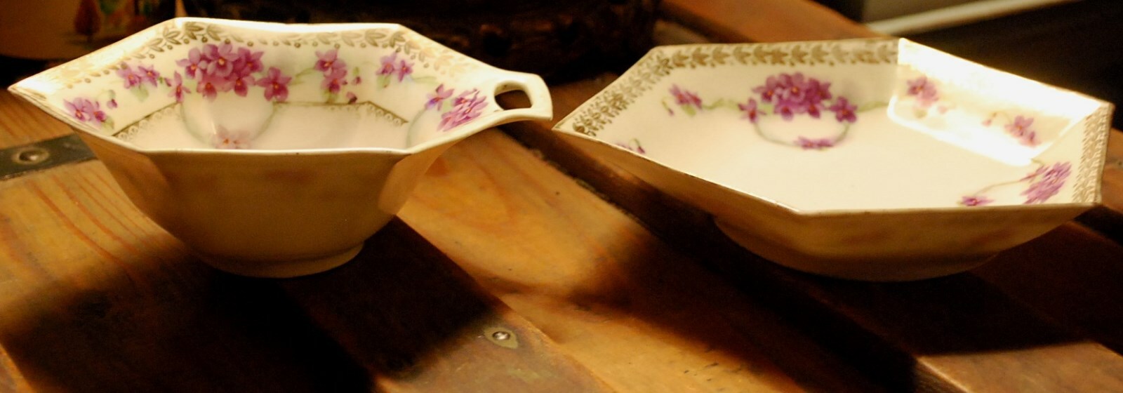 Set 2 HAND PAINTED VIOLETS Antique Prussia Hexagonal Porcelain CANDY Dishes