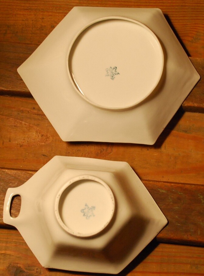 Set 2 HAND PAINTED VIOLETS Antique Prussia Hexagonal Porcelain CANDY Dishes