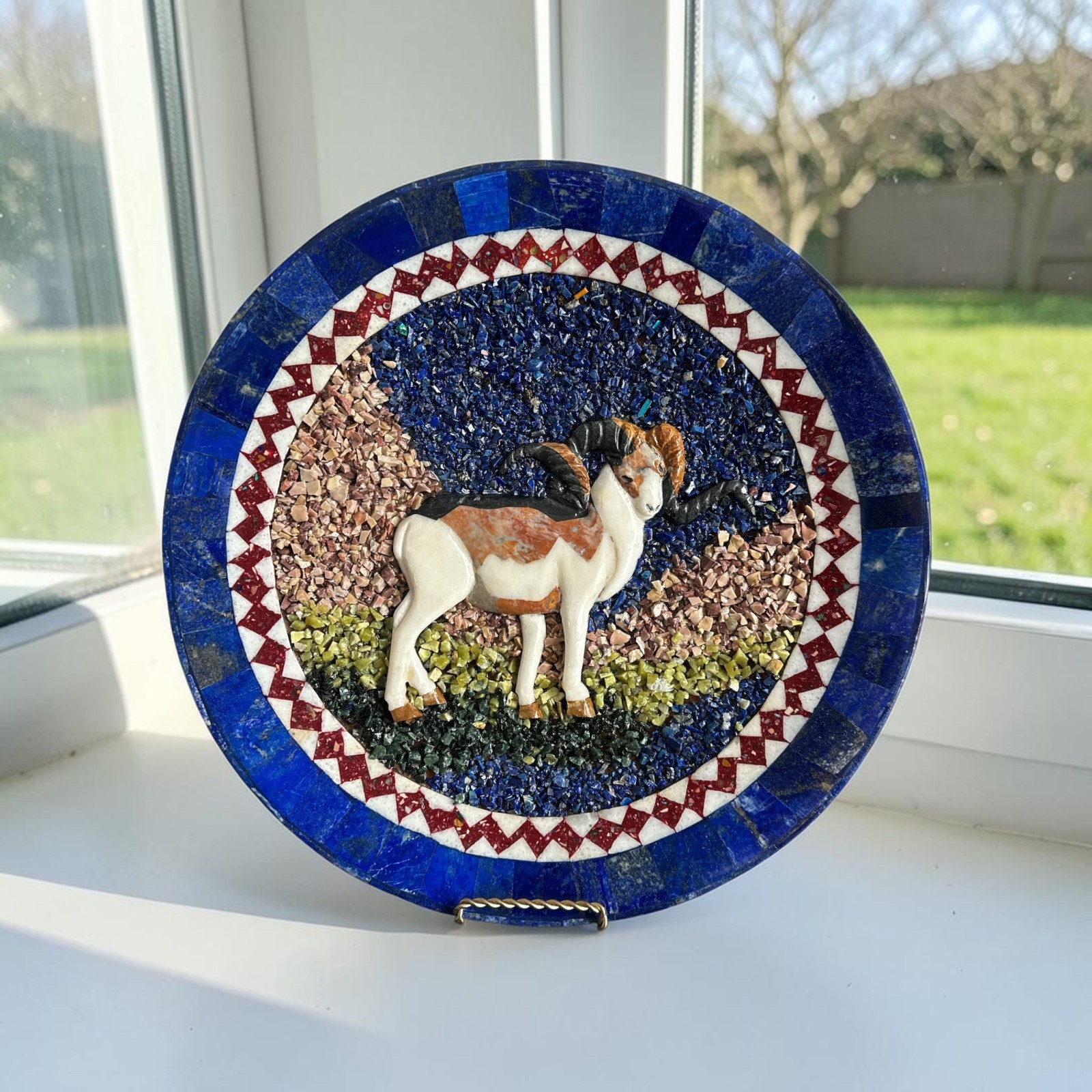Handmade Lapis Lazuli & Marble Ram Plate | Afghan Stone Mosaic| 12″ Round Inlay