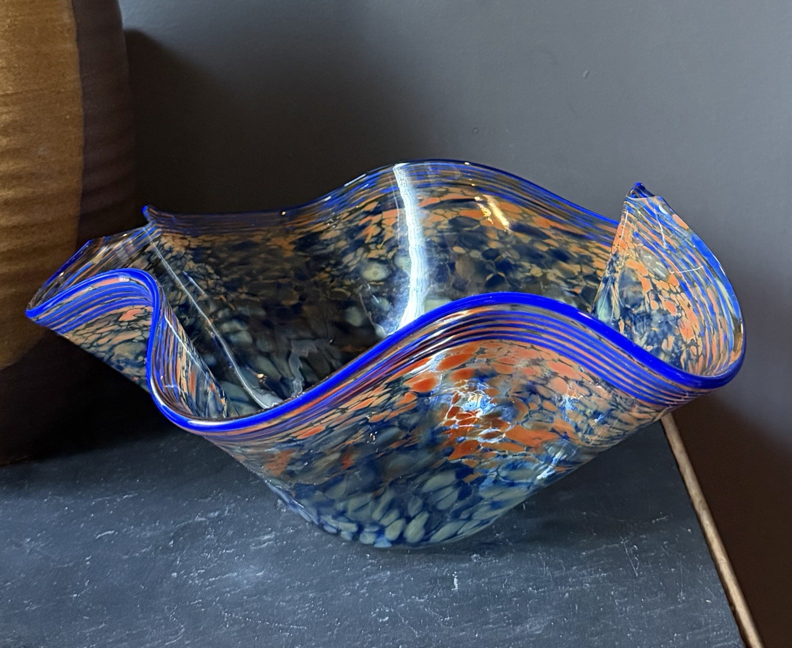 Vintage 1987 David Hershey Signed Blown Art Glass Ruffled Wave Bowl Confetti