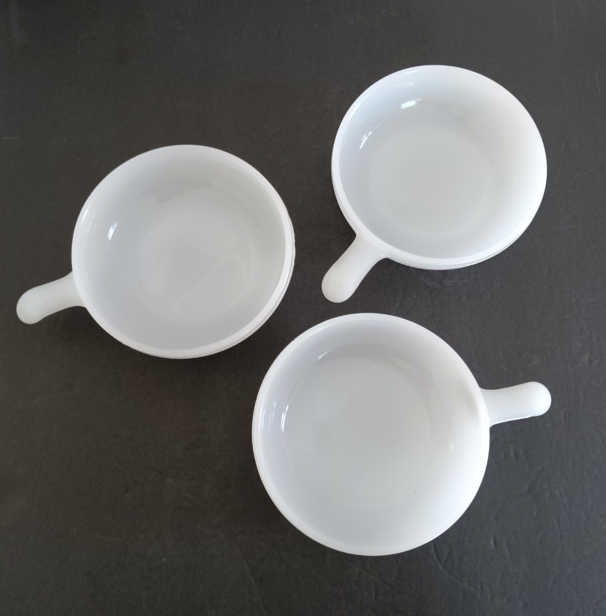 Vintage Glasbake Soup Bowls White Milk Glass Handled Crocks 5” USA Set of 3
