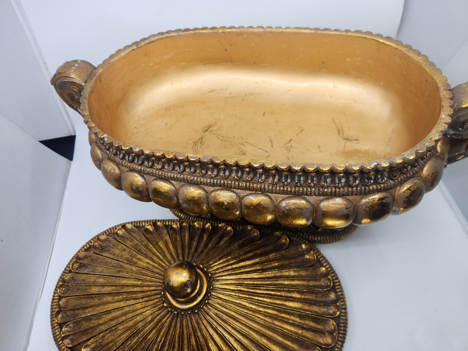 Large Hollywood Regency Gold Covered Tureen Urn Centerpiece Pedestal Bowl 21″