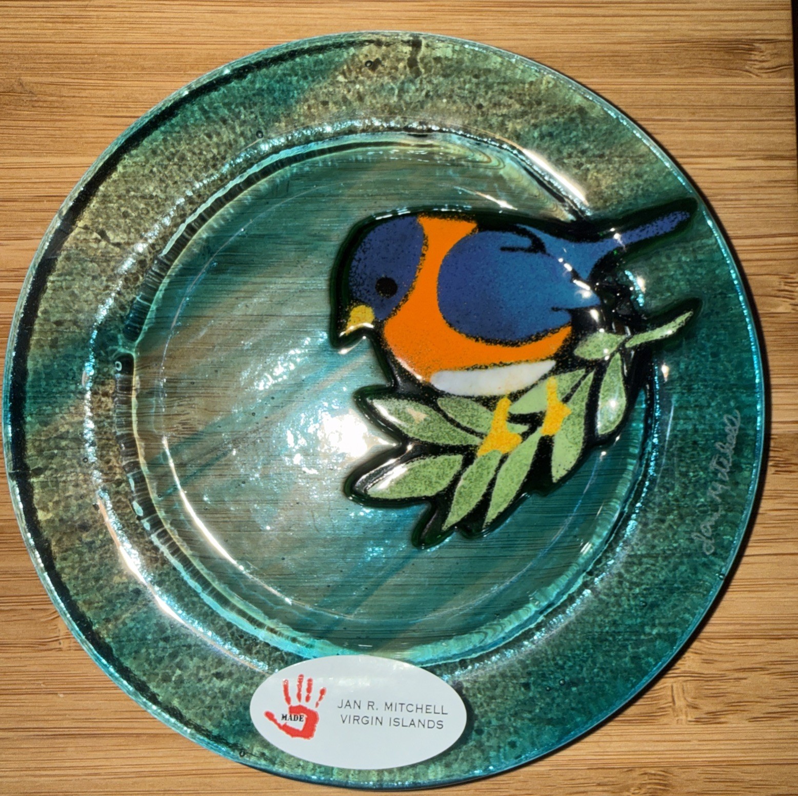 Fused Glass Blue-Green Plate w/ Blue-Orange Bird JAN R. MITCHELL Virgin Island