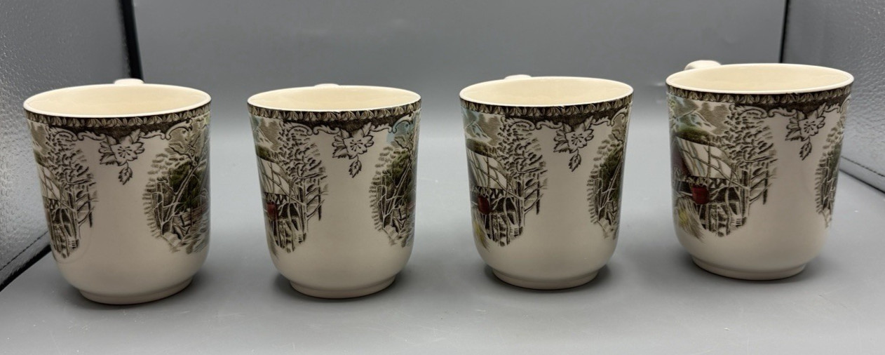 Set of 4 Johnson Brothers Friendly Village Covered Bridge 4″ Coffee Mugs England