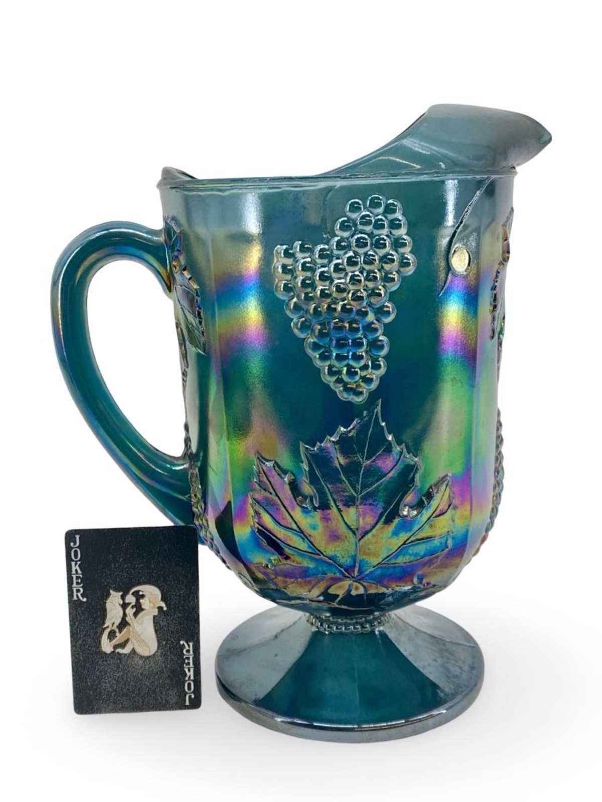 Vintage Glass Blue Carnival Harvest Grape Pitcher & 4 Tumblers Iridescent 70s