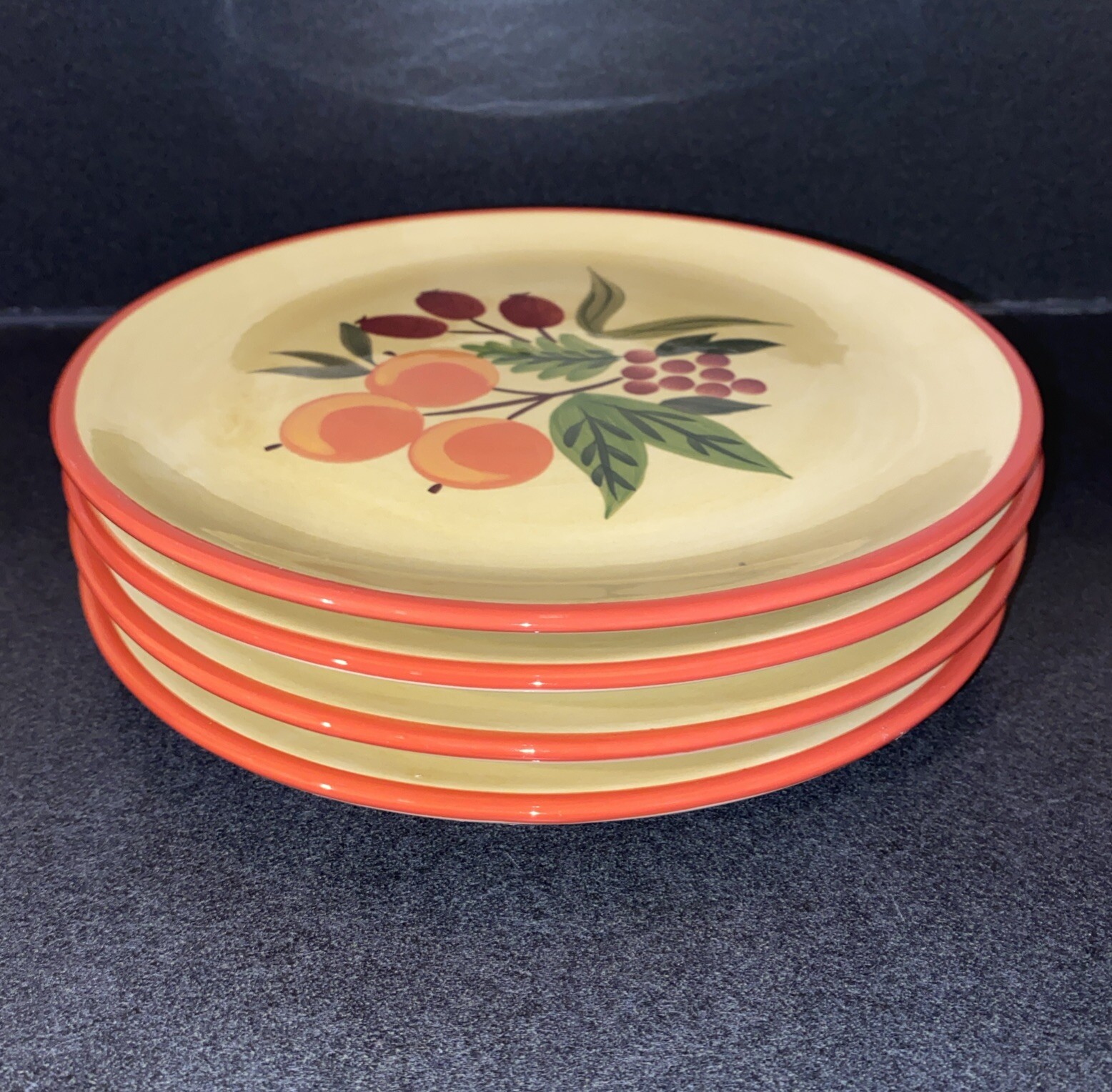 4 Salad Plates 8 in. Crate & Barrell Pomegranate Wreath Holiday