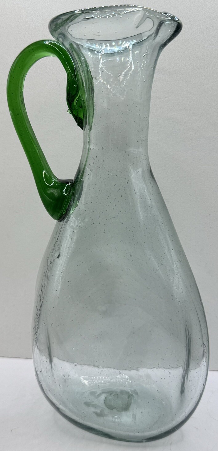 Old Art Deco Hand Blown Glass Pitcher Asymmetrical Sides Almost 10” Tall