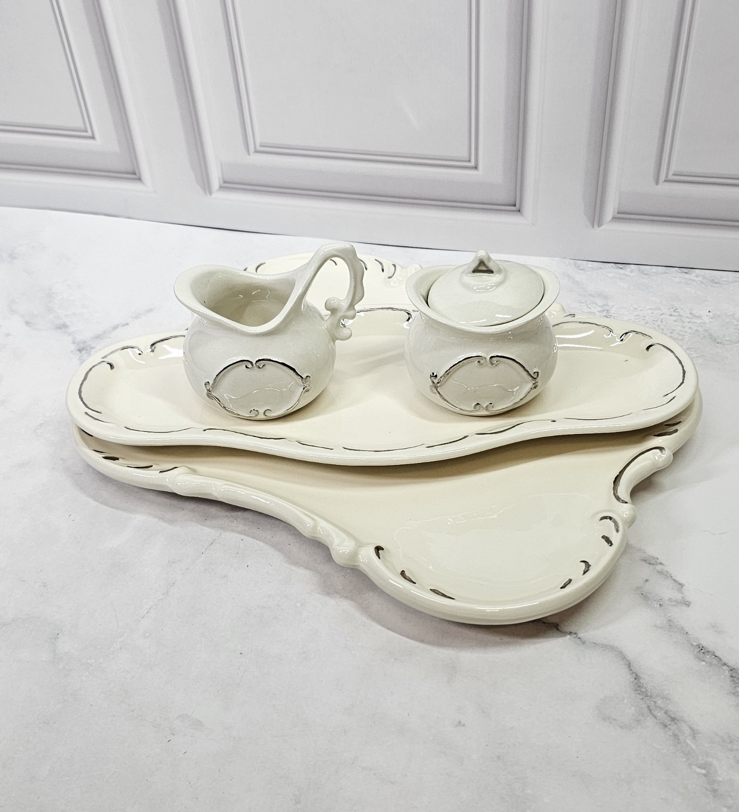 Vintage Studio Pottery Creamer And Sugar Bowl Set With Serving Trays Porcelain