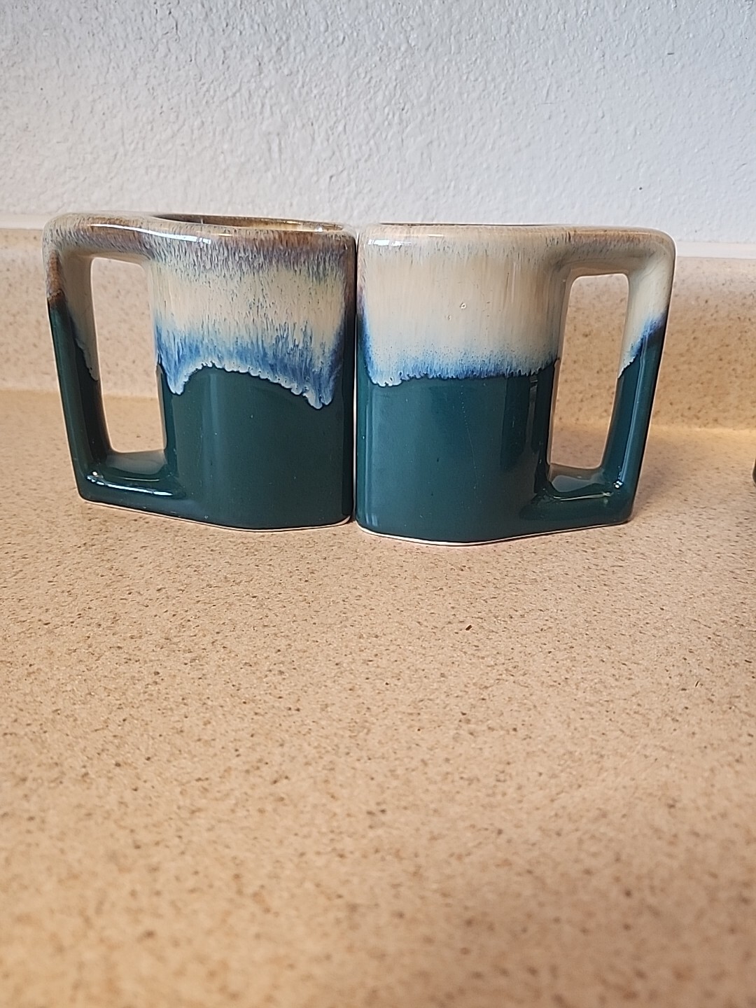 VTG Padilla Signed Stoneware Mugs Blue/Tan Drip Glaze Set of 4 boho