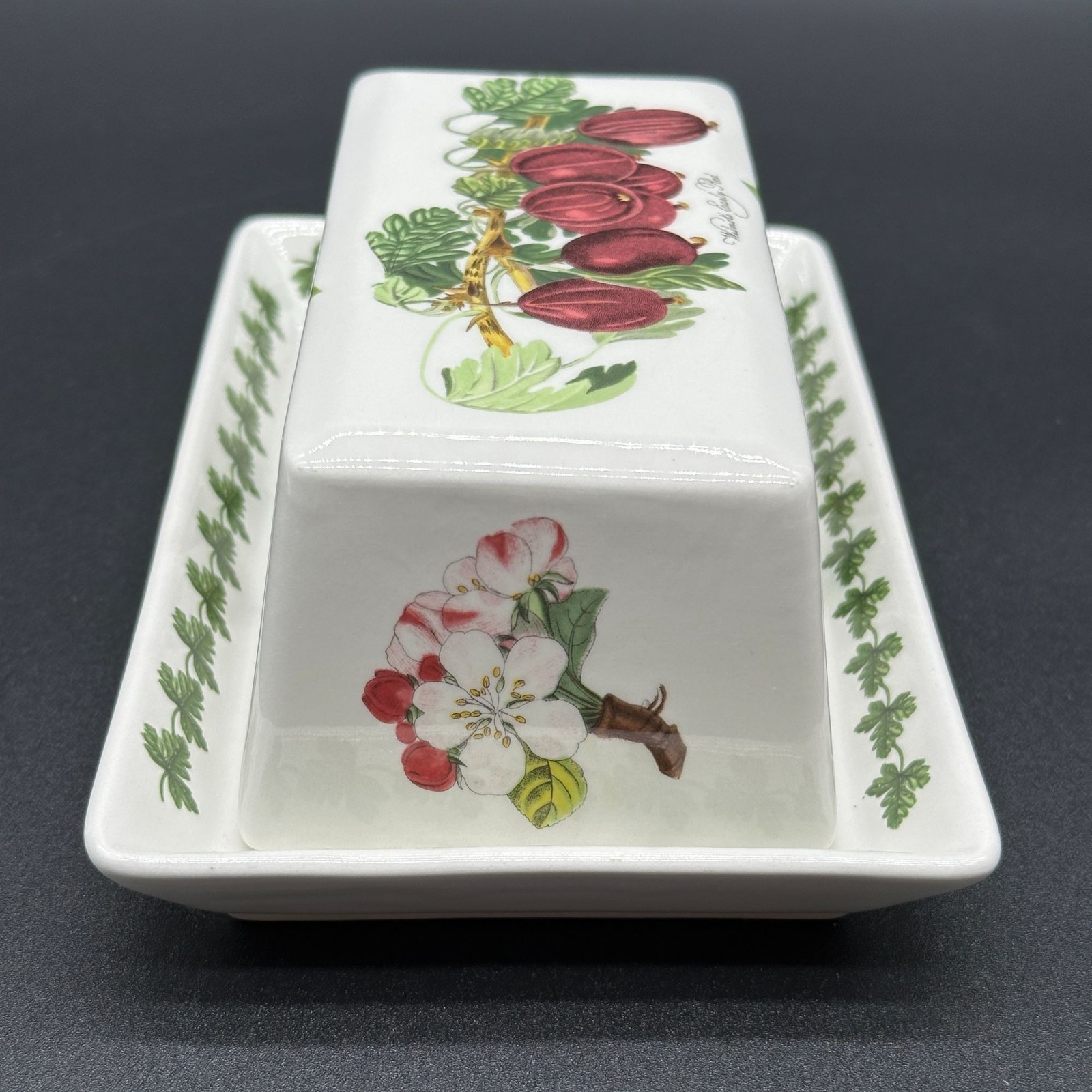 Portmeirion POMONA Wilmot’s Early Red COVERED BUTTER DISH Goddess of Fruit 2 Pc