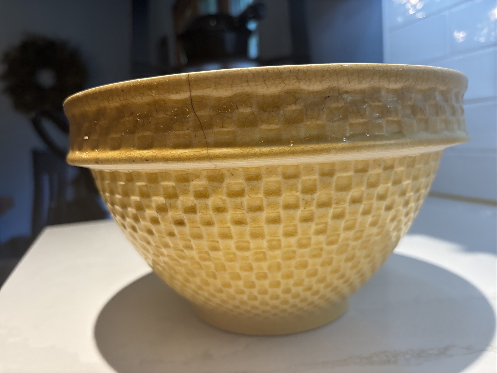 Antique Rare McCoy Yellow Ware Pottery 10.25 Inch Checkerboard Large Mixing Bowl