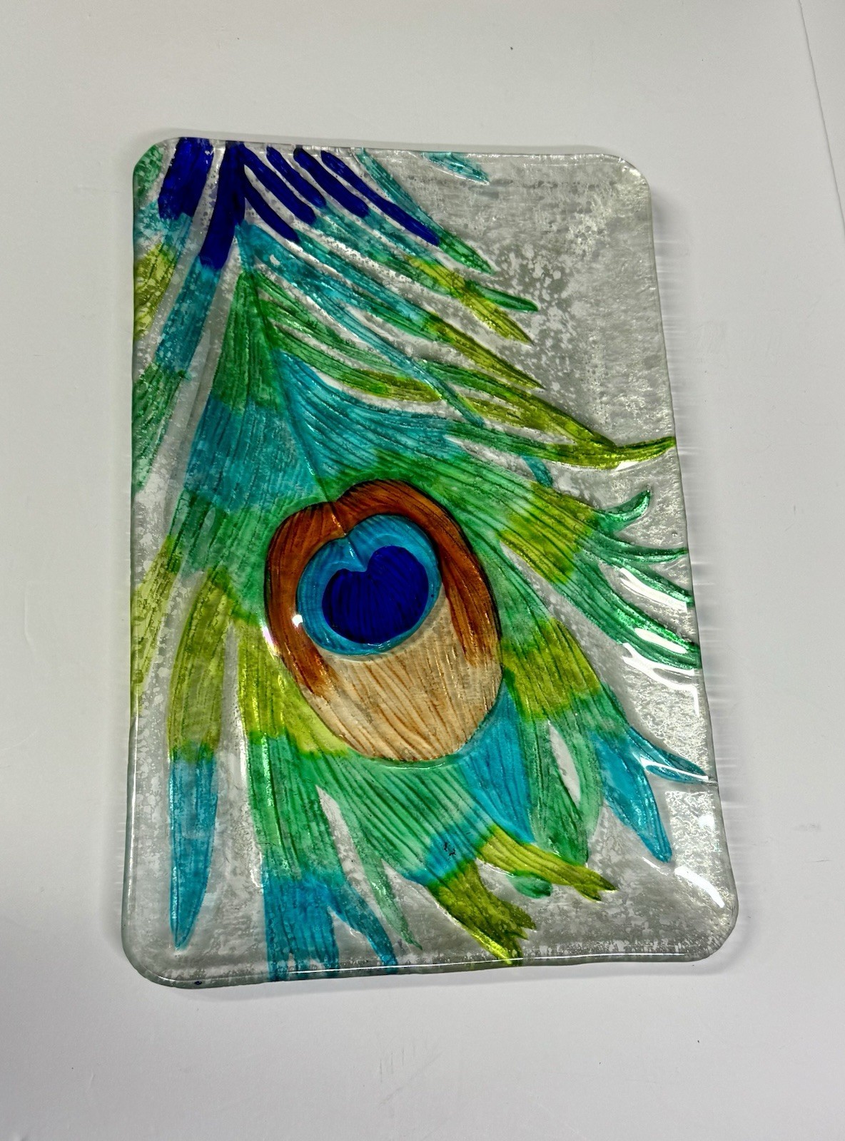 9 X 14” Fused Glass Peacock Feather Decorative Rectangular Platter Tray