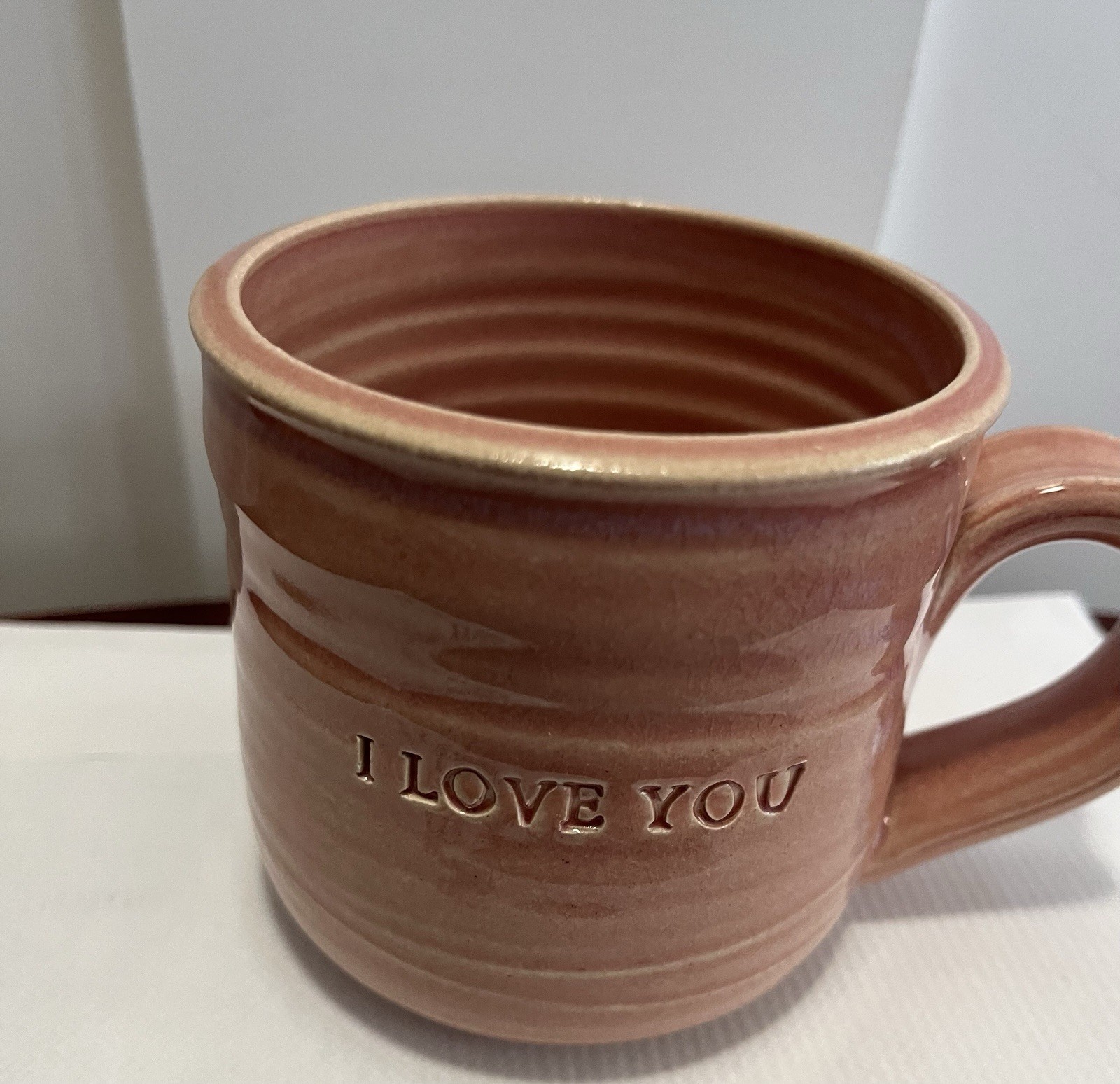 Black Oak Studio Pottery I Love You Impressed Handmade Coffee Mug Pink Glaze