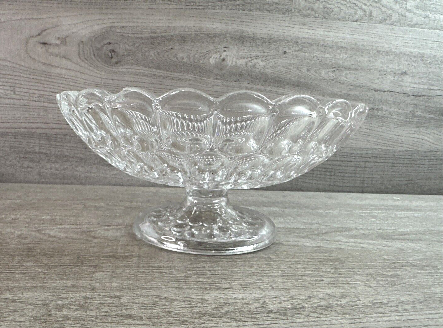 Vintage Unmarked Candy Dish Pedestal Bowl Thumbprint Pattern Clear Glass