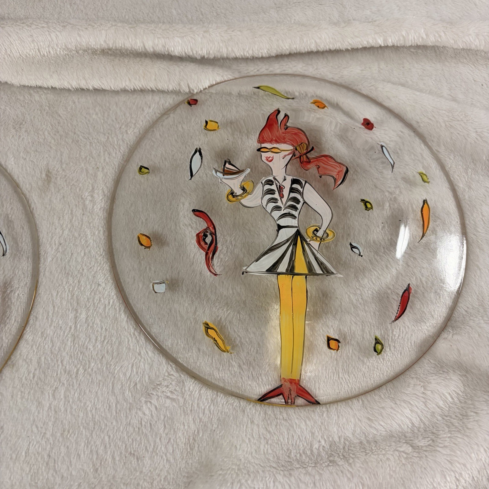 Vintage Judie Bomberger Party Girls Glass Plates Set of 2 Unsigned Folk Art 7.5″