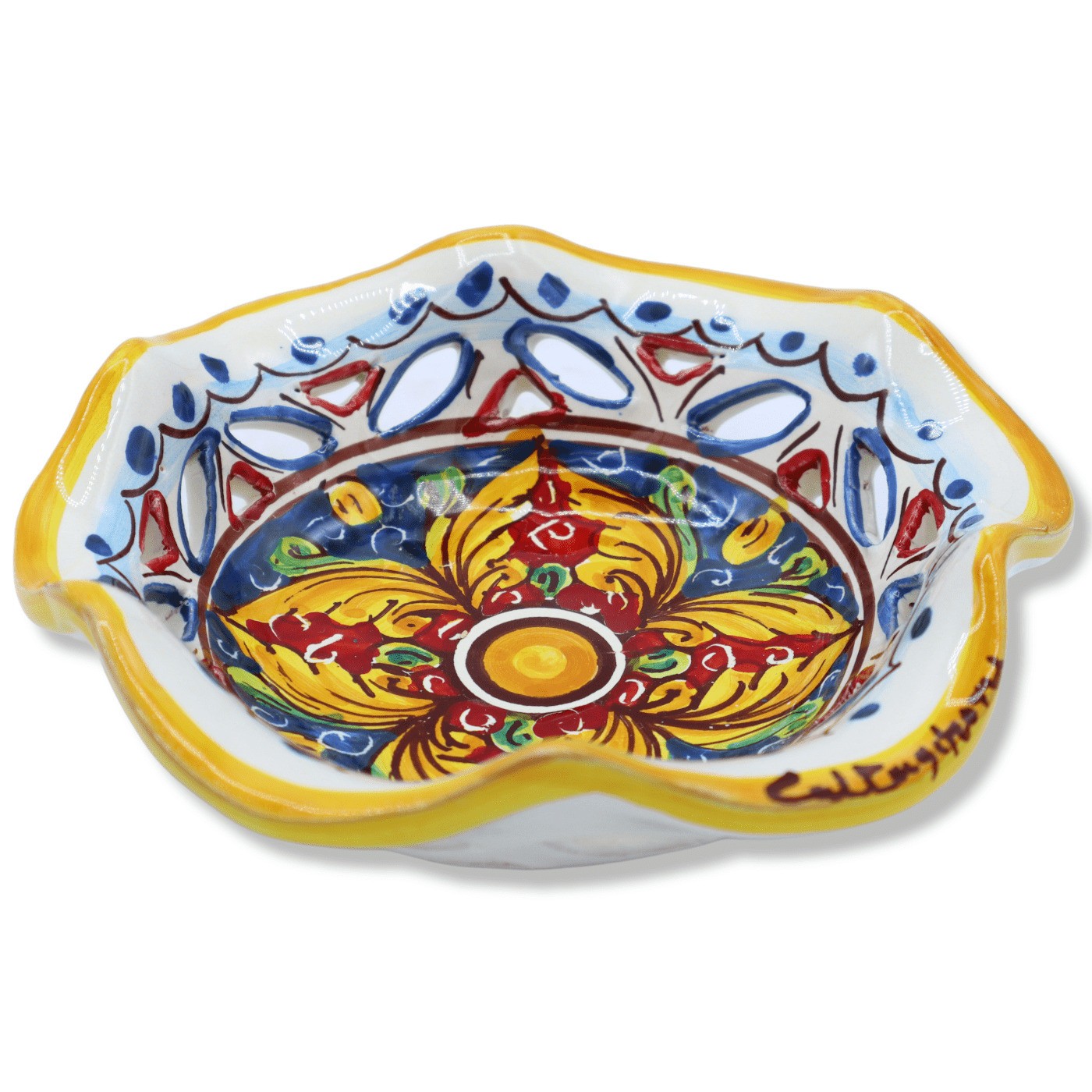 Bowl Scalloped And Perforated IN Ceramic of Caltagirone – L 5 7/8in X H 2in W