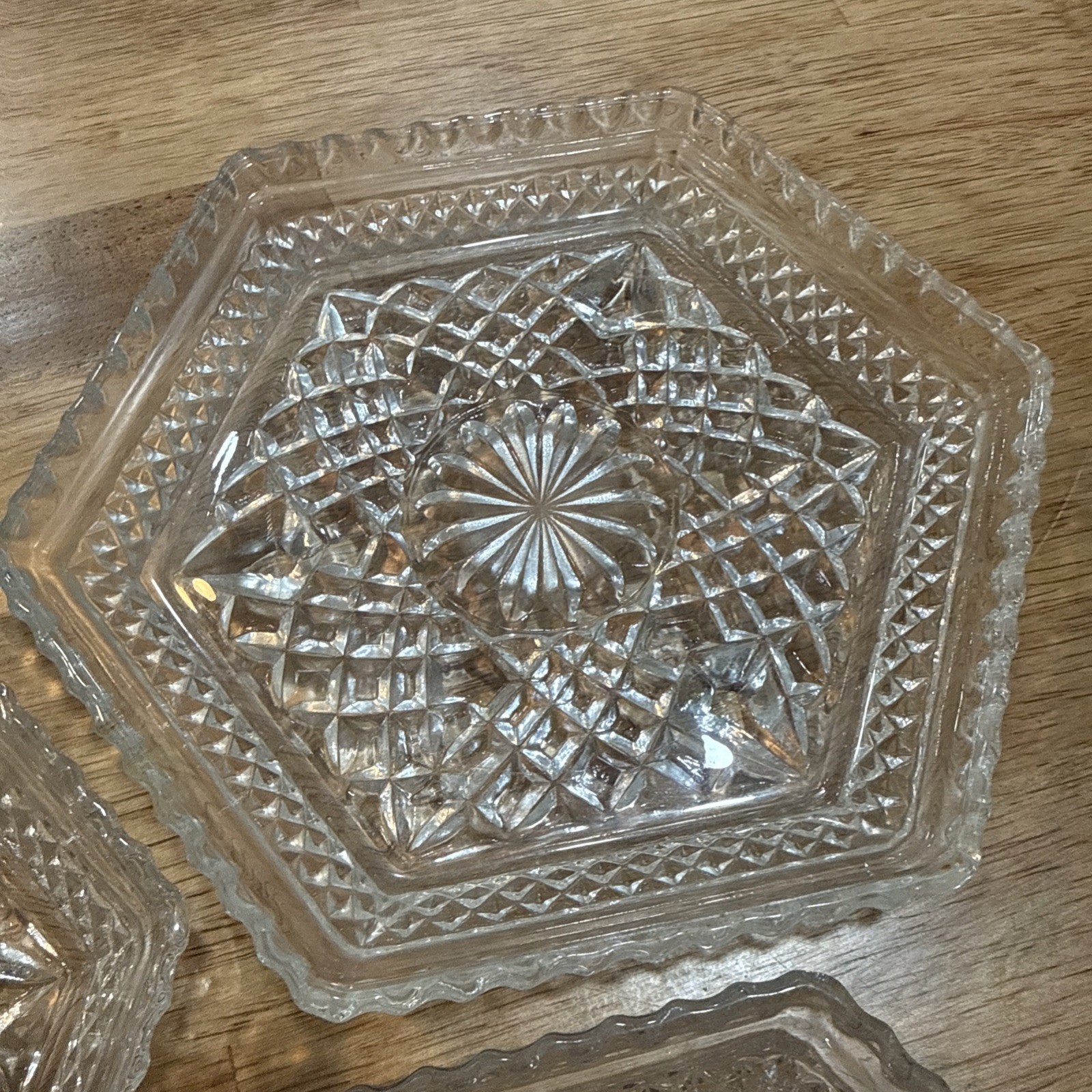 Anchor Hocking Wexford Diamond Glass Footed Hexagonal Shaped Dish Set of 3 ~1963