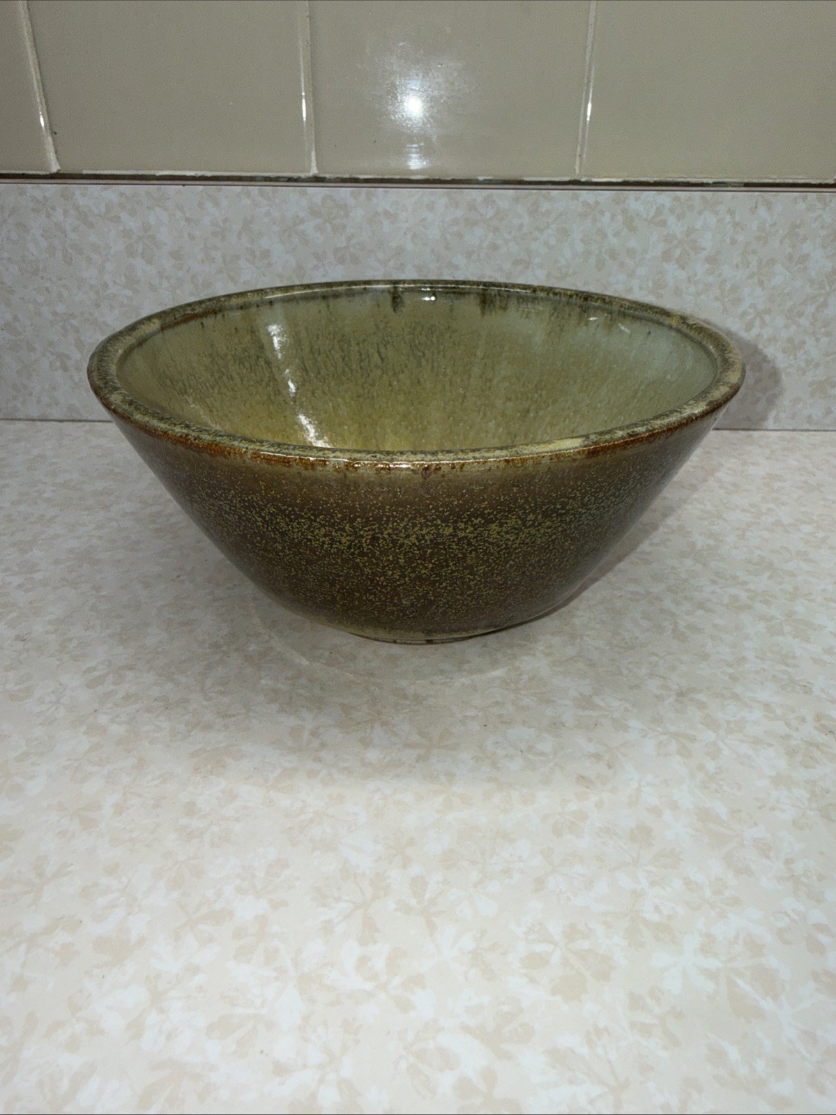 Vtg Glazed Handmade and signed Pottery Bowl Tans And Browns 6.75×3.5 in