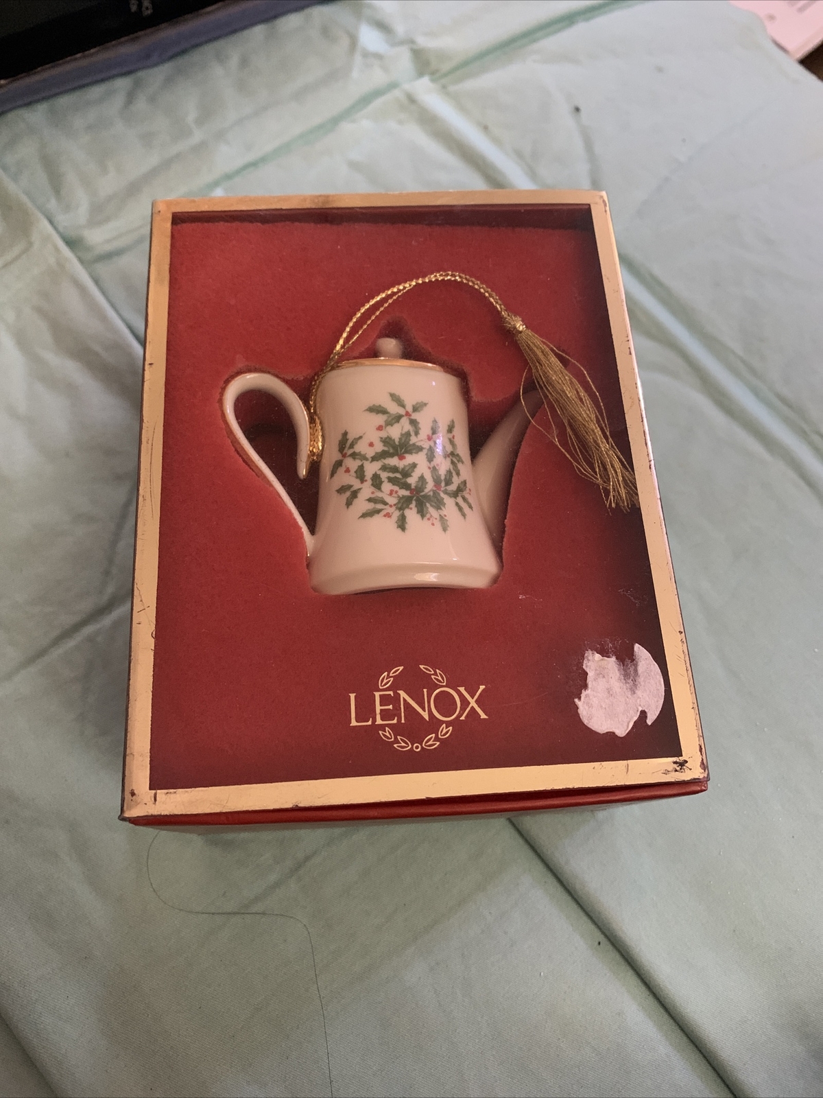 Lenox Holiday Teapot Tea Pot Ornament Holly Berry New box Damaged Read
