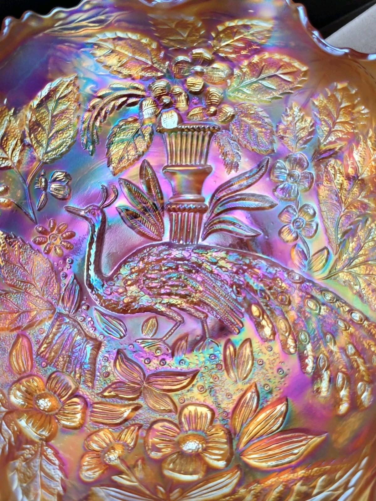 Pretty Dark Marigold Fenton Carnival Glass Peacock & Urn Pattern Bowl