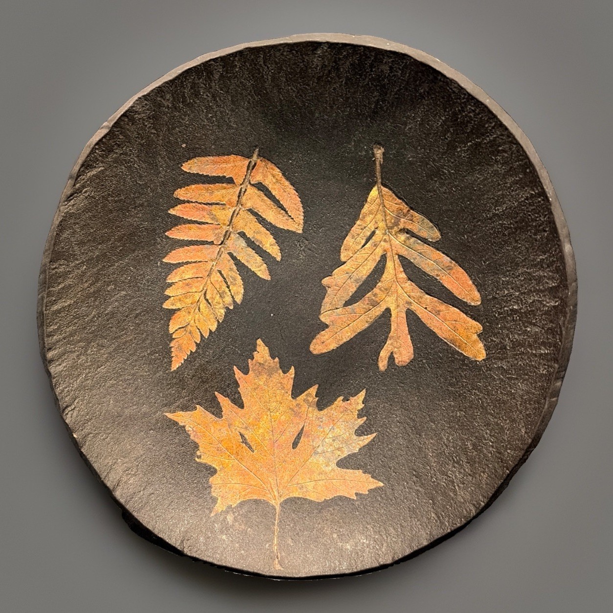 Vintage 1997 Art Raku Pottery Leaves Centerpiece Bowl, 10.75″ (Signed)