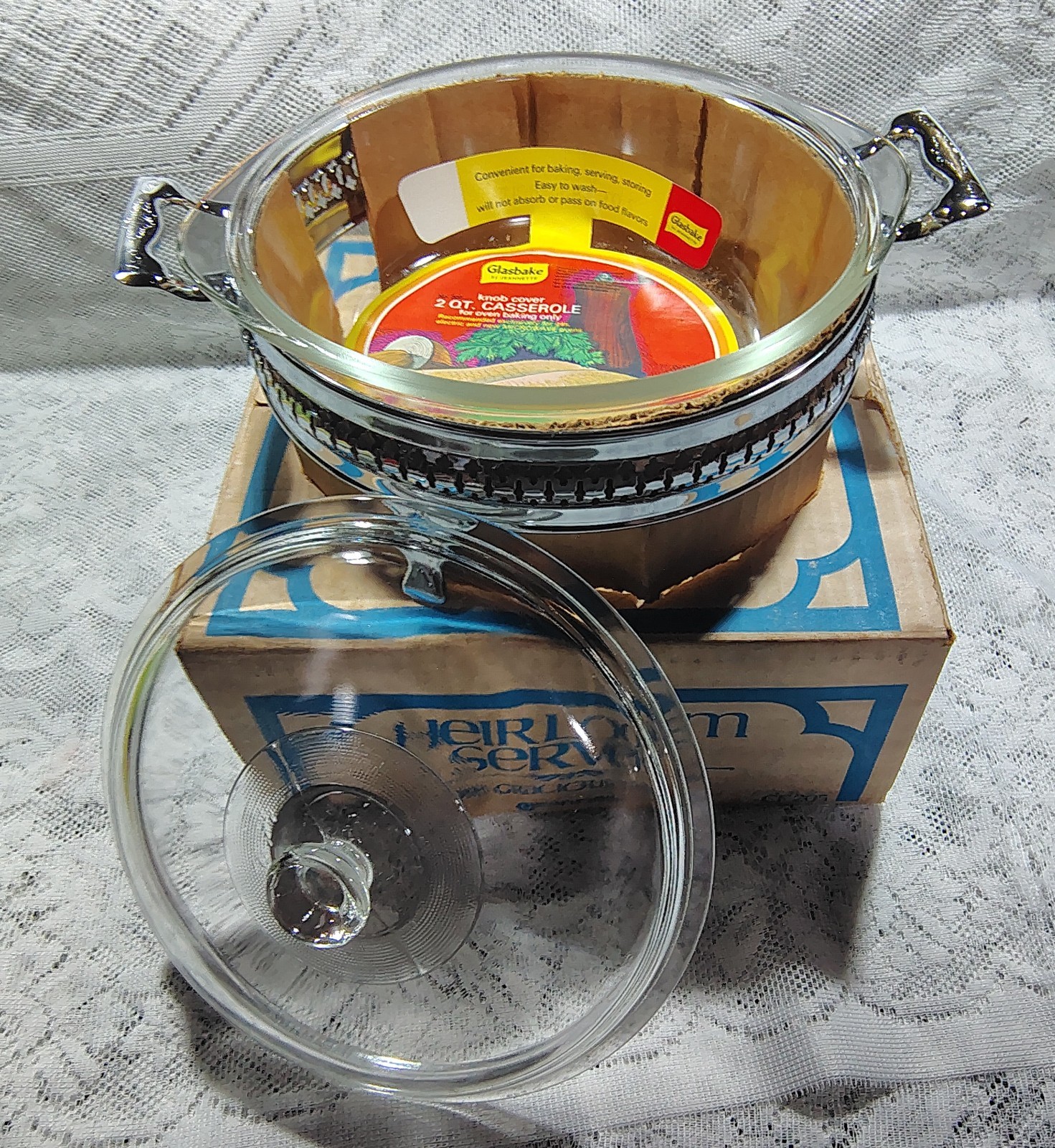 Vintage NOS Glasbake Round Casserole Dish, Silver Plated Holder In Original Box