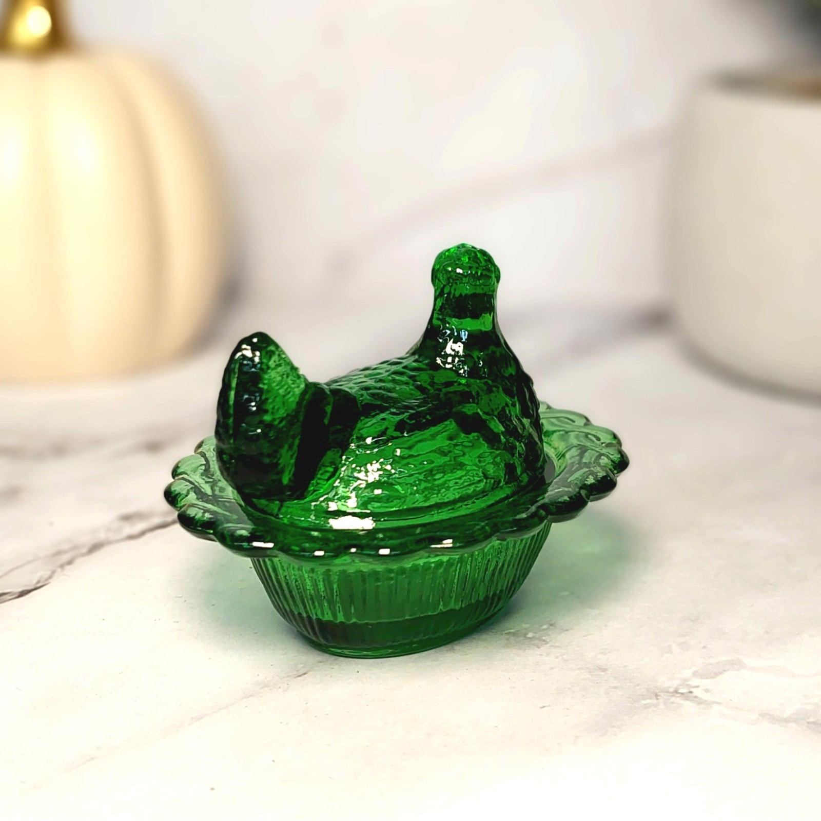 Mosser Mini Hen on Nest Chicken Salt Dish, Green Depression Style Glass