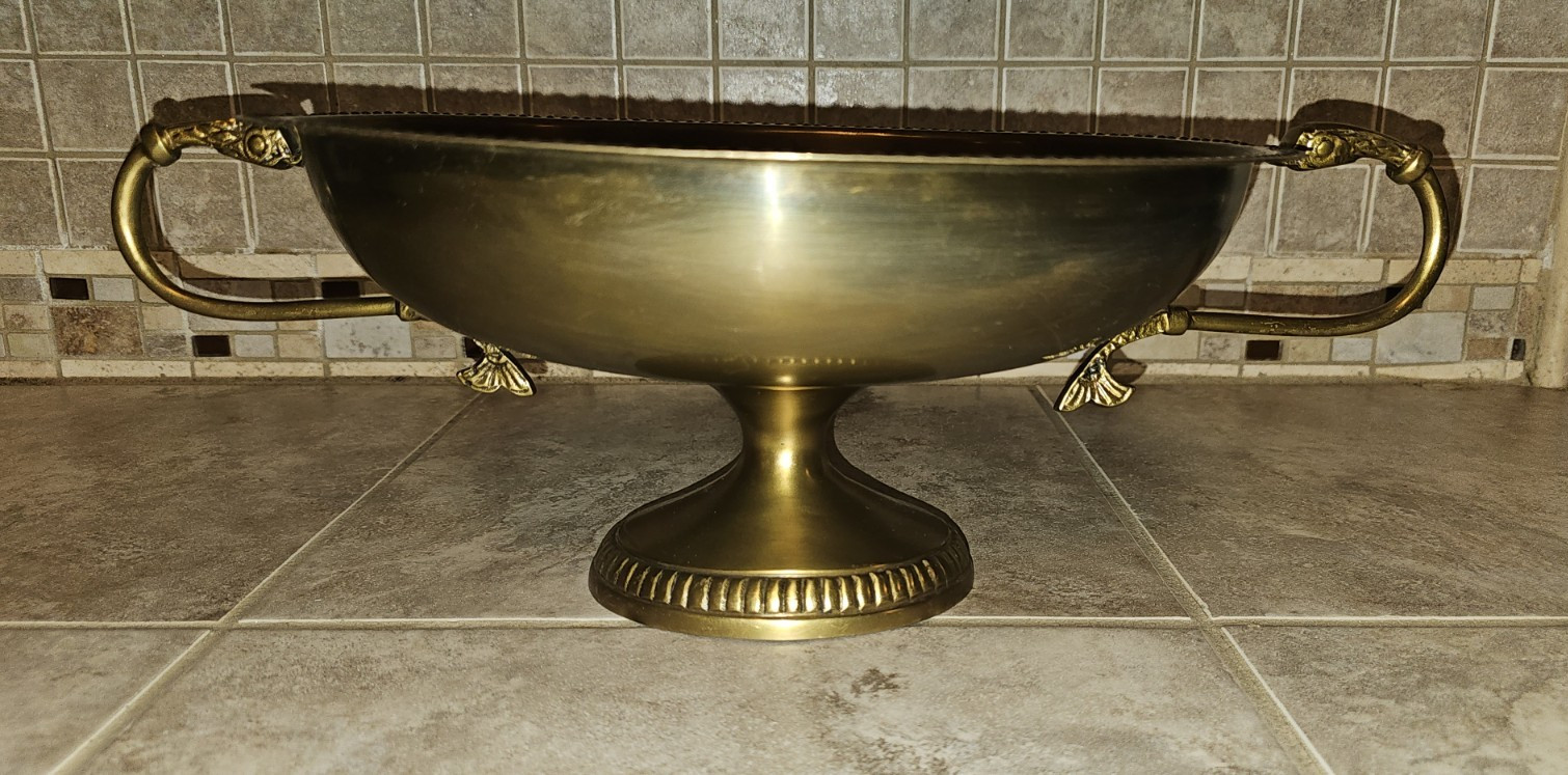 Brass Centerpiece Bowl Compote w/Koi fish Handles, Pedestal Base, Beaded Rim