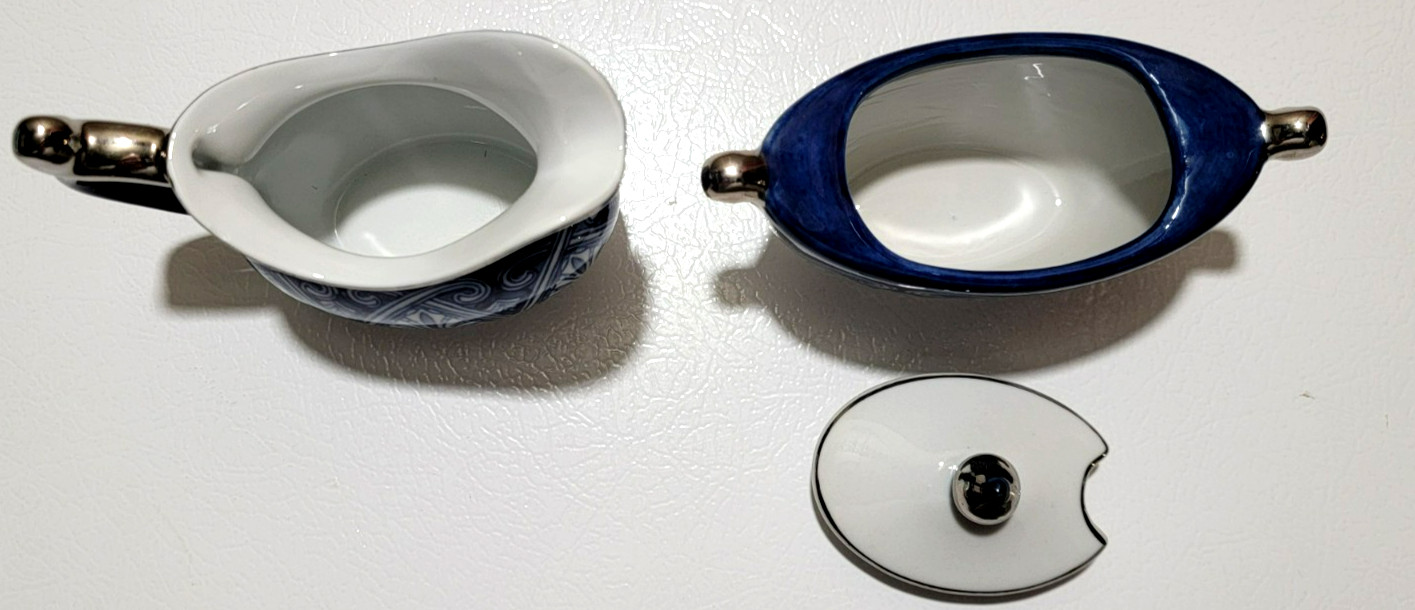 Bombay Blue White China Sugar and Creamer Platinum Trim Lid with Sugar Bowl