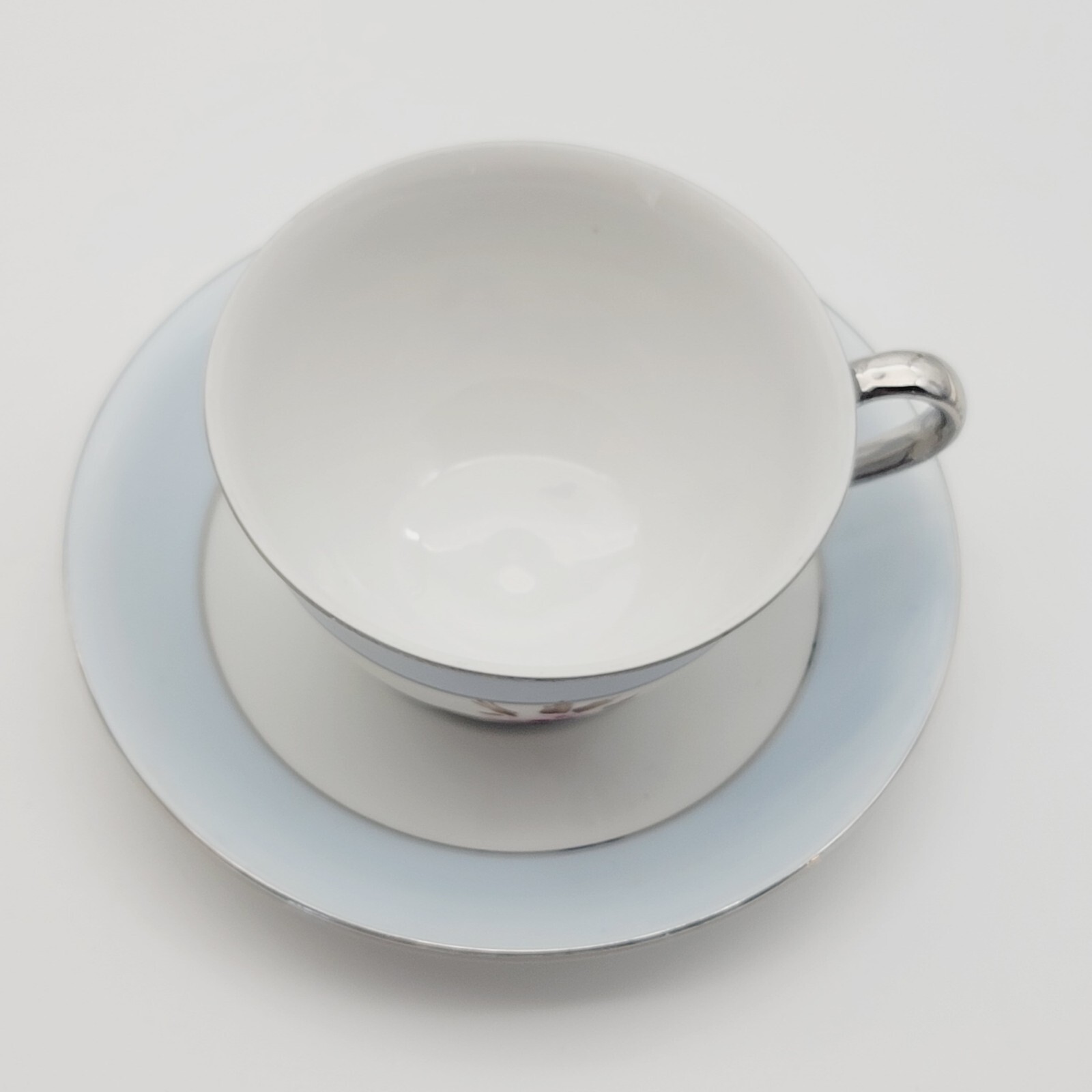 Vintage Fujiyama Yokohama Cup and Saucer Japan Rose Blue Silver Trim Floral