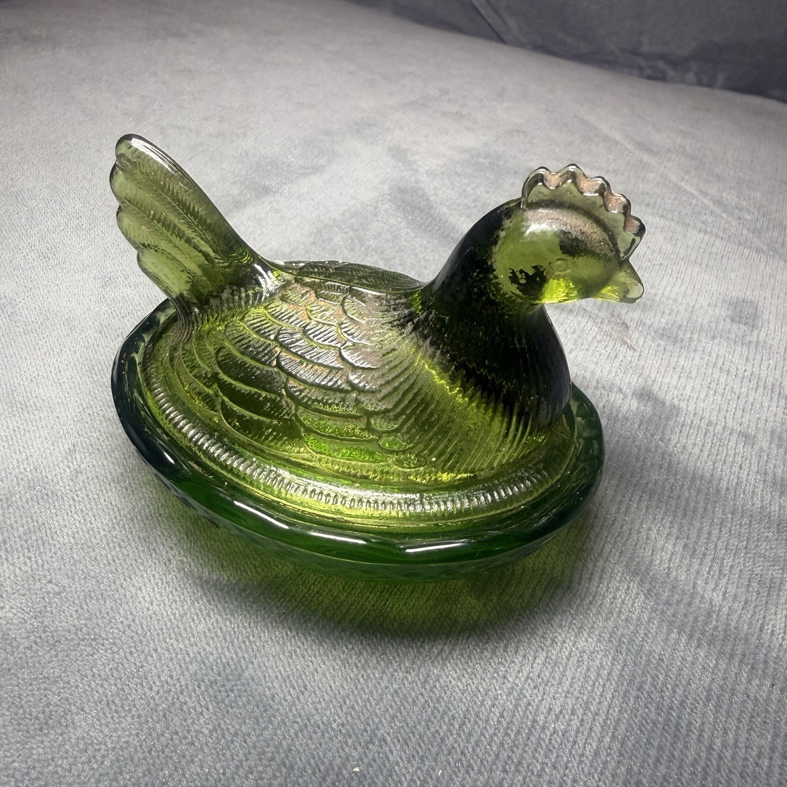 VTG L.E. Smith Olive Green Glass Hen on a Nest HON Covered Dish 3″ Salt Cellar