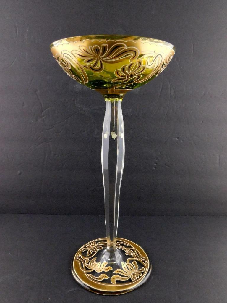 Art Glass Tall Stem Compote Dish Nouveau Floral Gold Green Clear X Mark