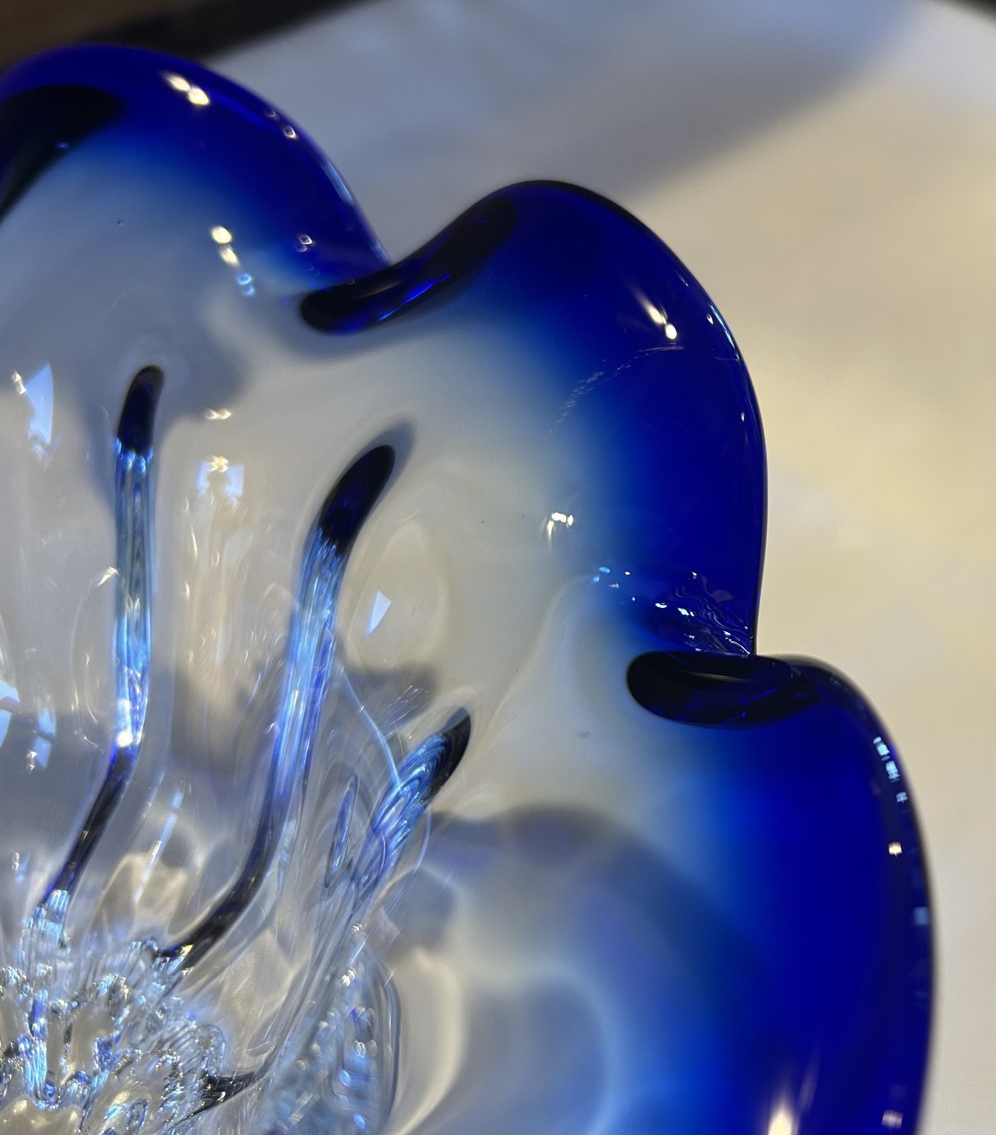Shannon Crystal Designs of Ireland Clear/Cobalt Blue Crystal Ruffled Rim Bowl