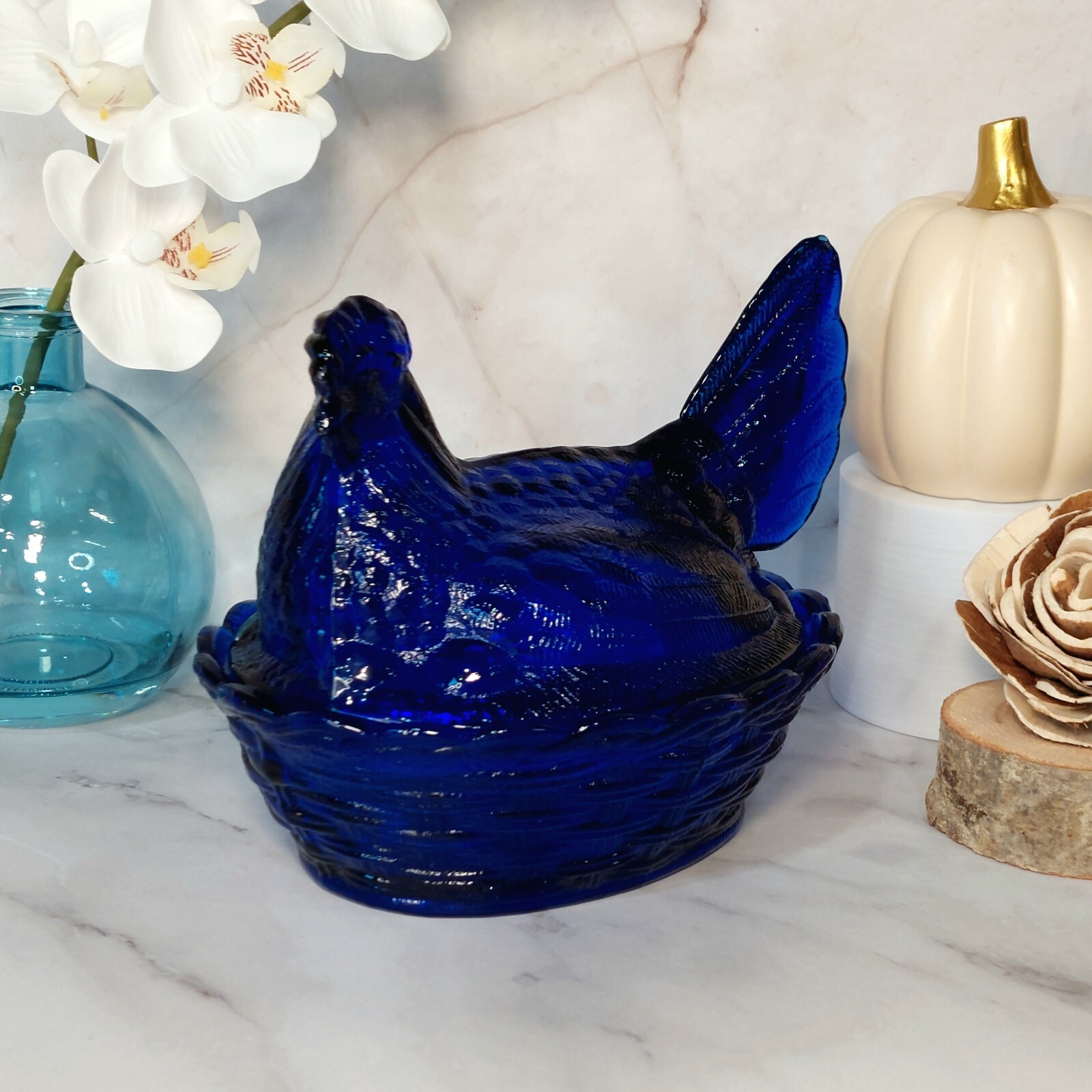 Hen on Nest Chicken Cobalt Blue Glass Depression Style Candy Dish, Vintage Style
