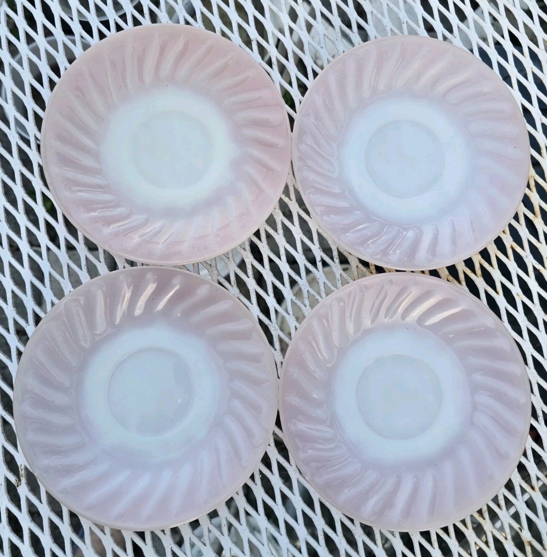 Set of 4 FIRE KING Pink Swirl 6″ Saucer/Dessert plates. Free Shipping. Beautiful