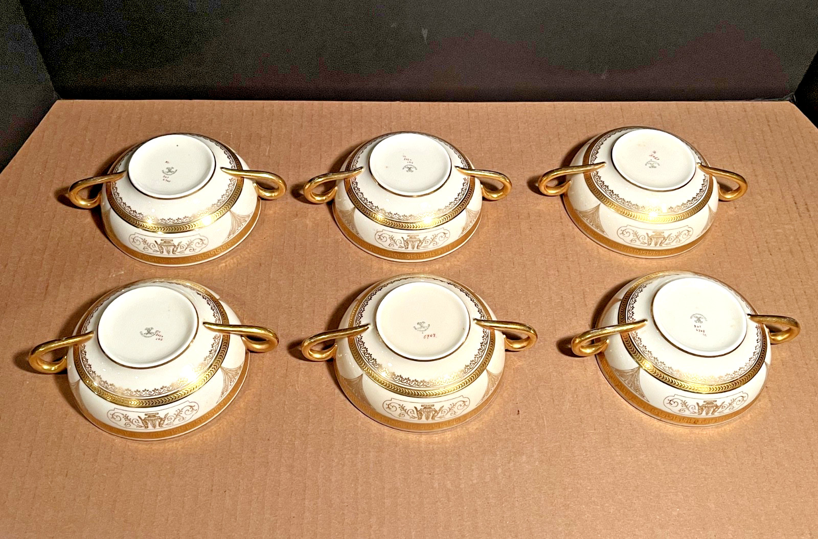 Antique Pirkenhammer Gold Encrusted Bouillon Cream Soup Cups Saucers Set of Six