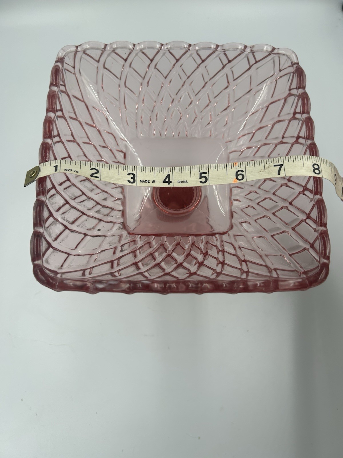 Pink Glass Square Pedestal Compote Dish, Diamond Pattern, 8 in x 8 in