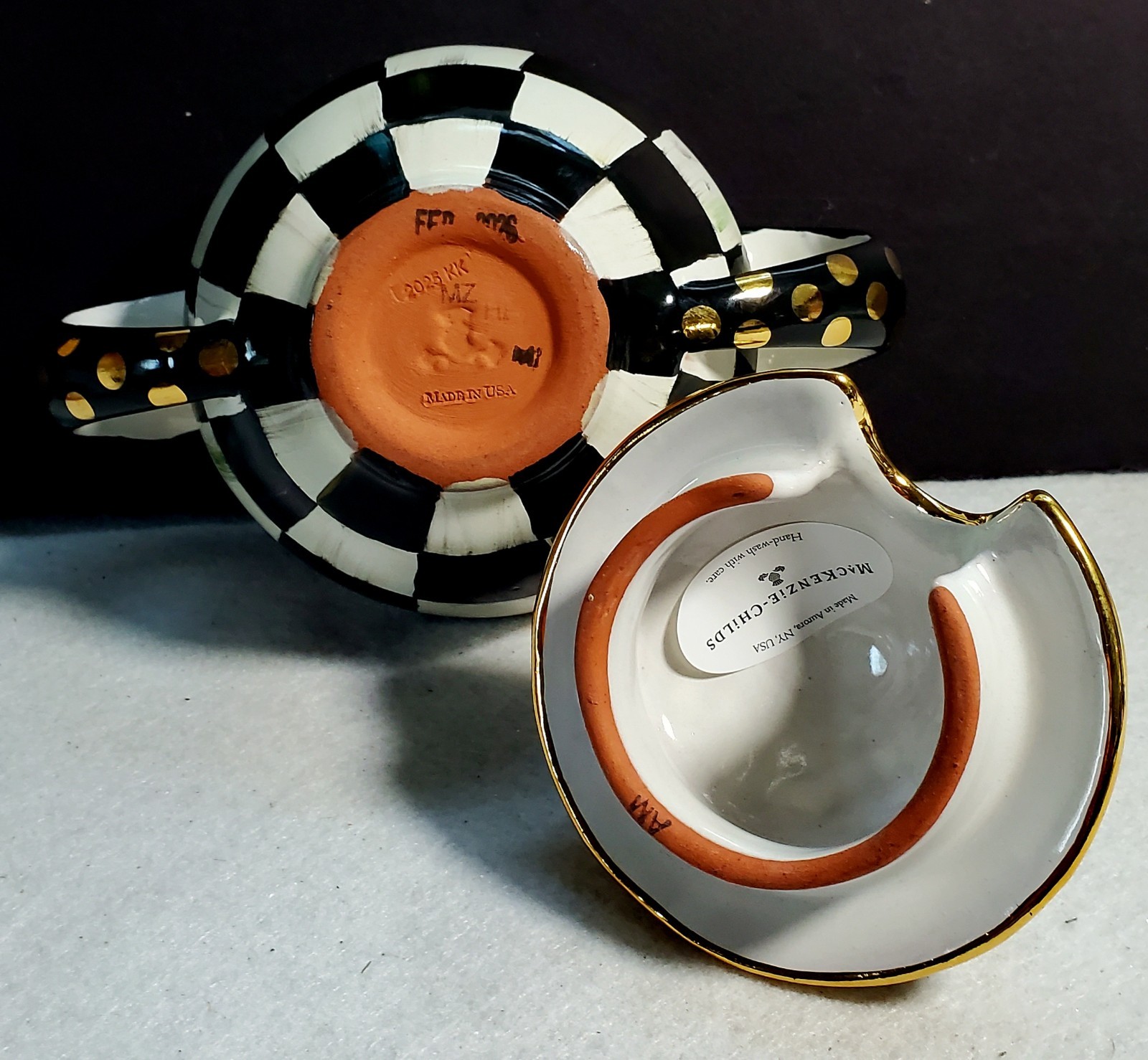 Mackenzie Childs Courtly Check ceramic sugar bowl & lid USA 8 oz. 5.5″ H New!