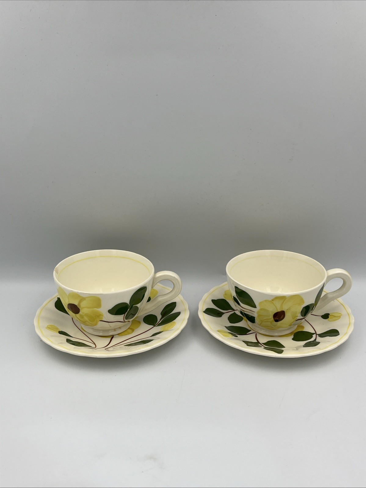 Blue Ridge Pottery Yellow Nocturne Set Of 6 Tea Cups & Saucers 3 Cups Have Chip