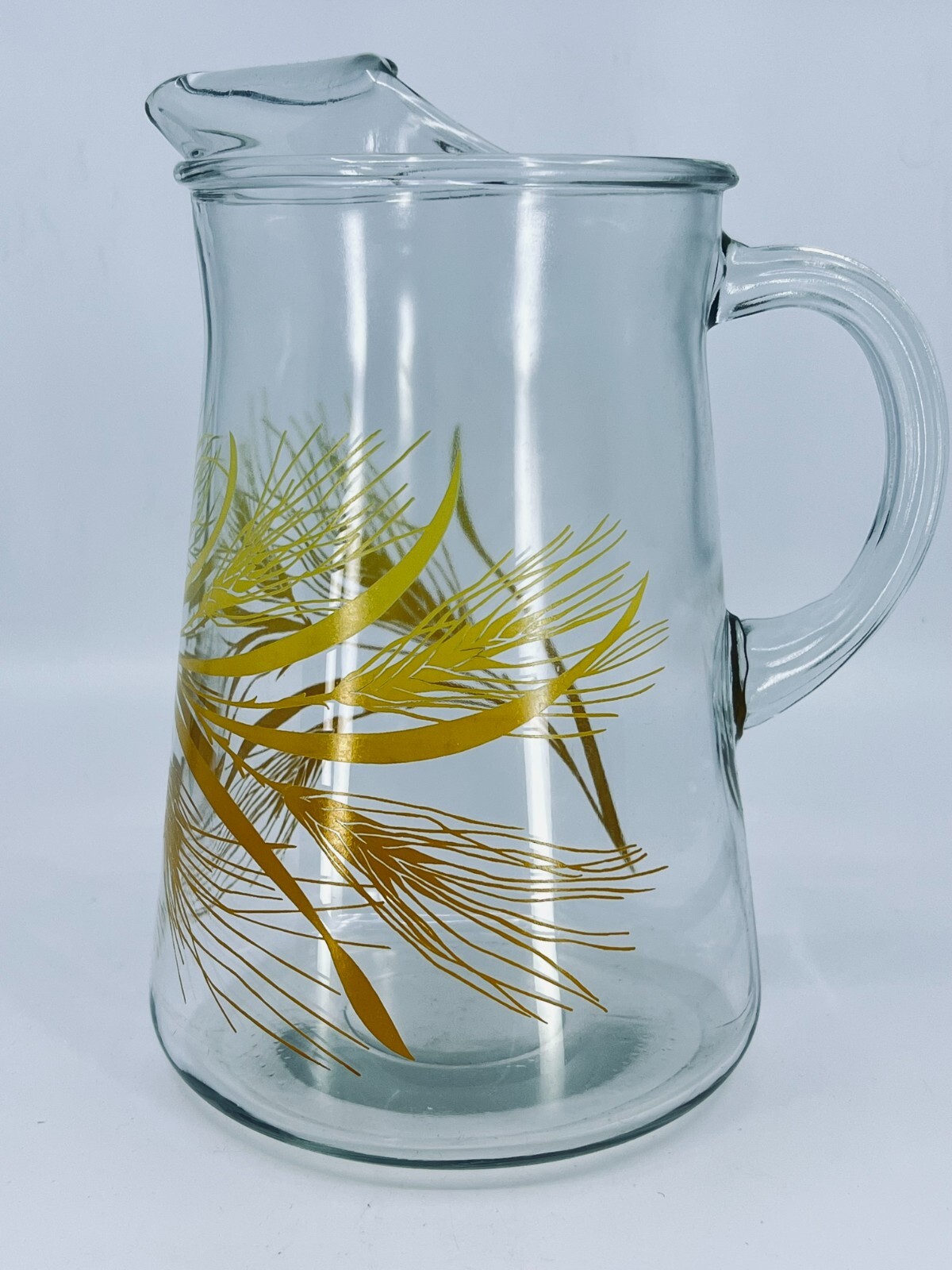 Vintage 70’s Libby Clear Glass 2 Quart Pitcher w/ Ice Lip Golden Wheat 9” Tall