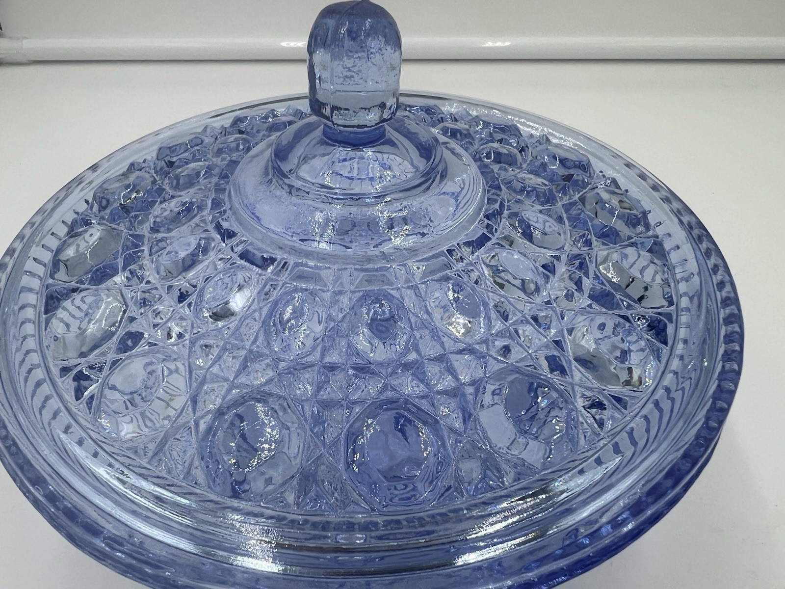 Indiana Glass 7.5 Inches Round Windsor Covered Candy Dish Blue Button Pattern