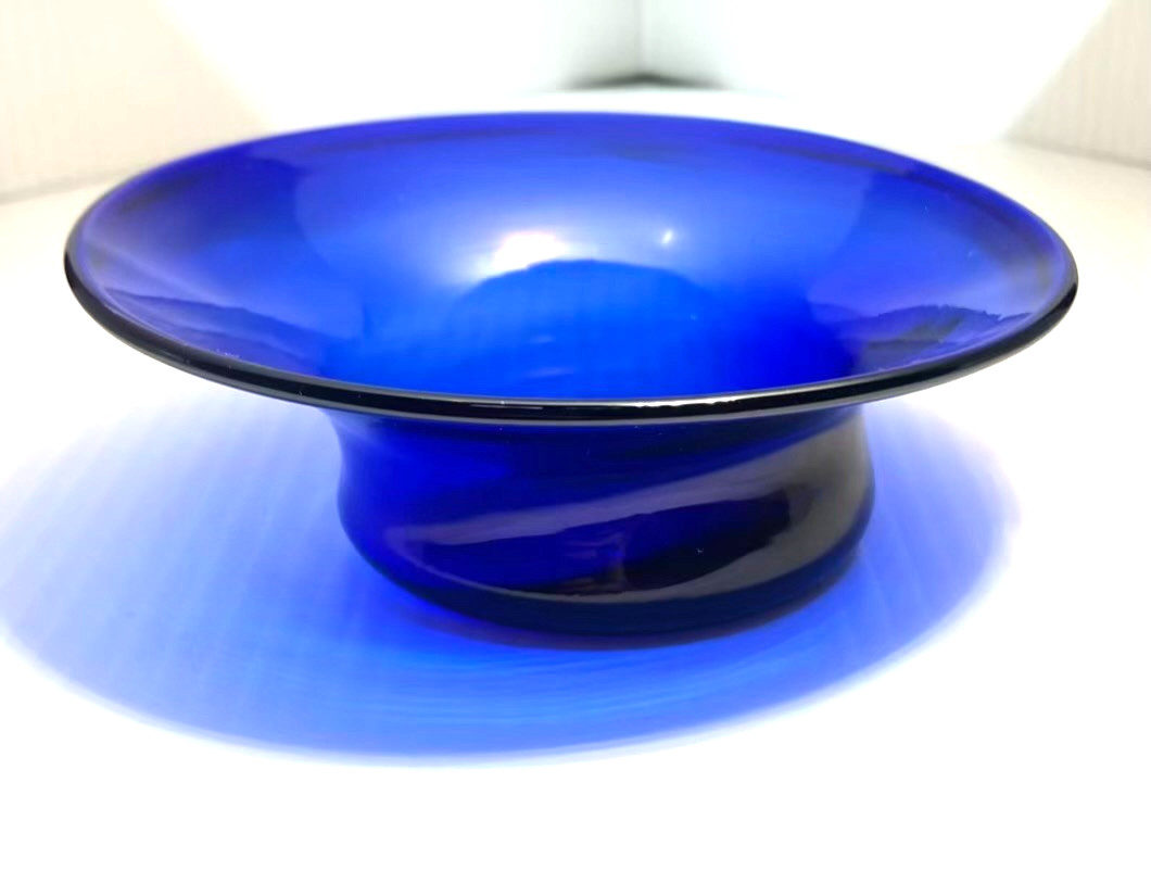JW Shelton Cobalt Blue Glass Footed Candy Dish Bowl Asymmetrical Signed 5.5×2″