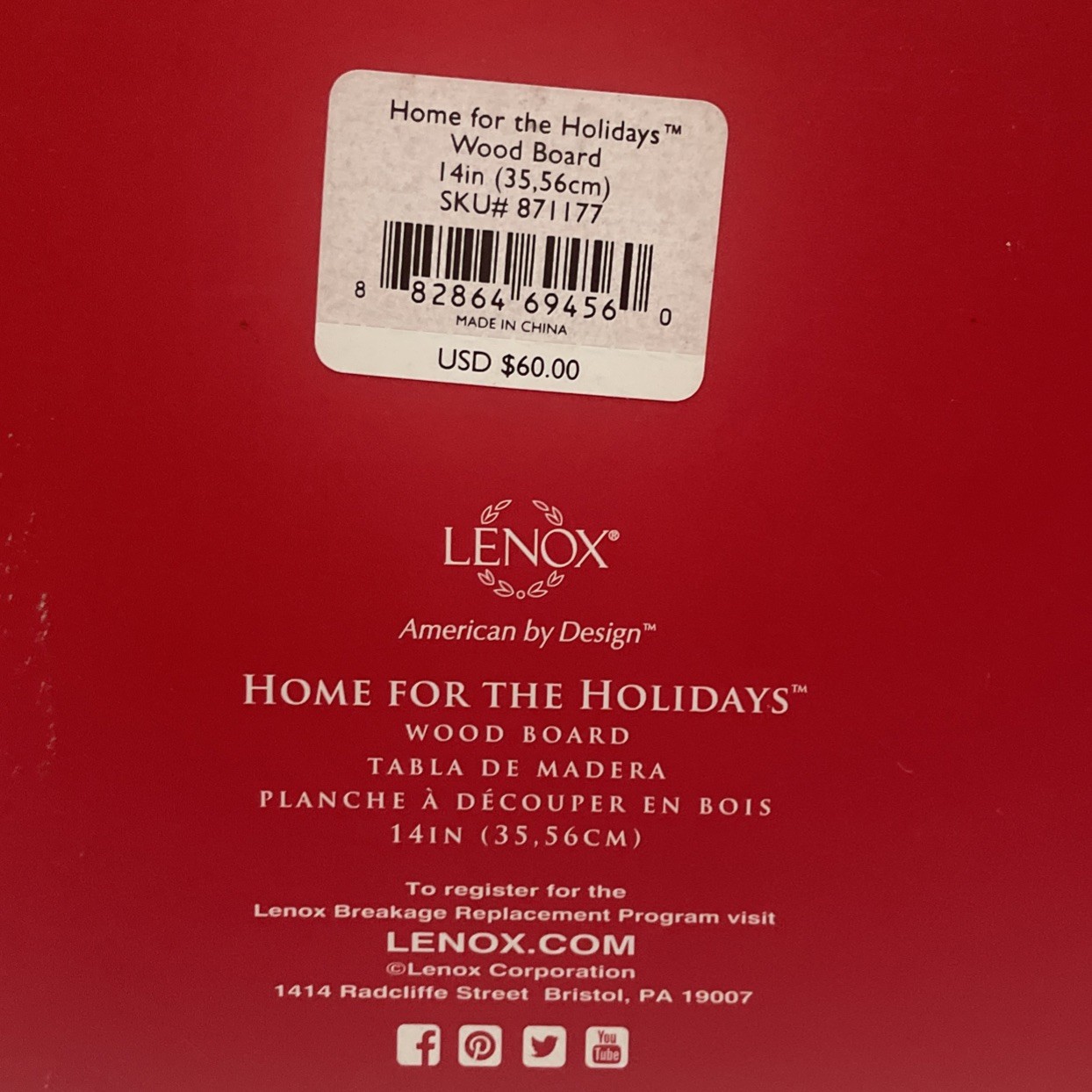 Lenox Home For The Holiday Wood Board Charcuterie NEW