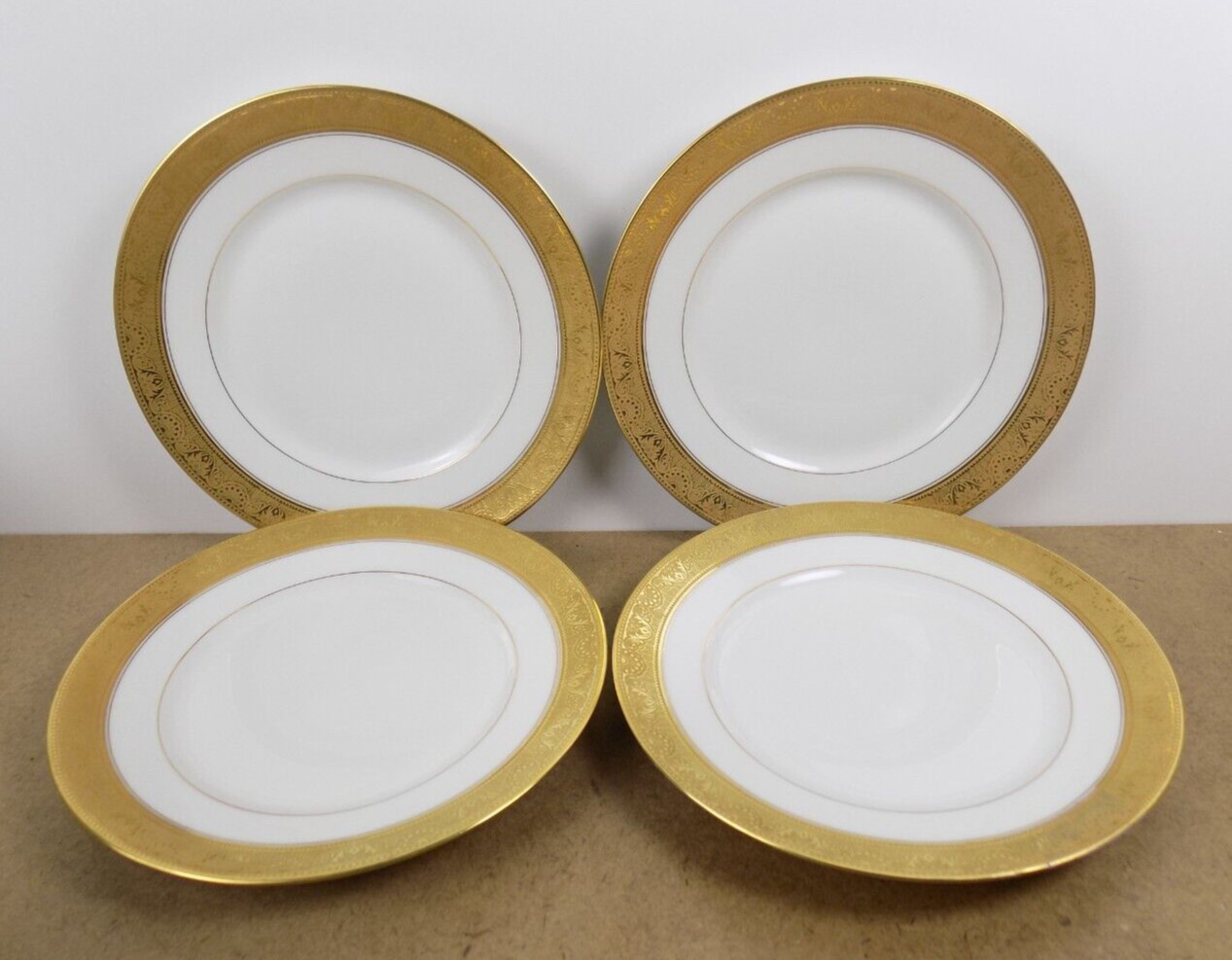 4 L. Boyer Limoges Porcelain 8.75″ Plates Ovington Bros. NY Gold Band
