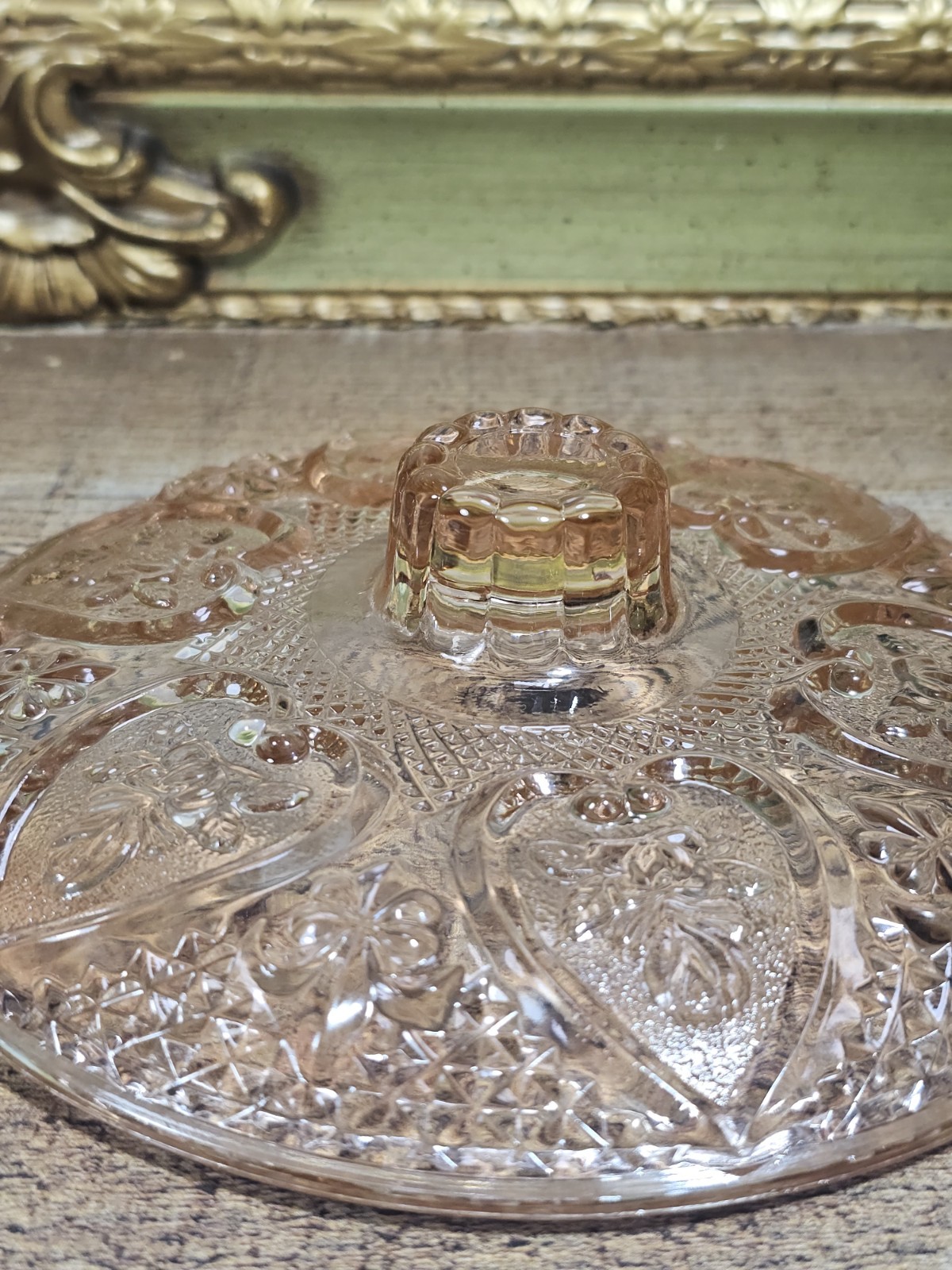 Vtg KIG Malaysia Pink Depression Glass Footed Candy Dish Heart & Rose Pattern