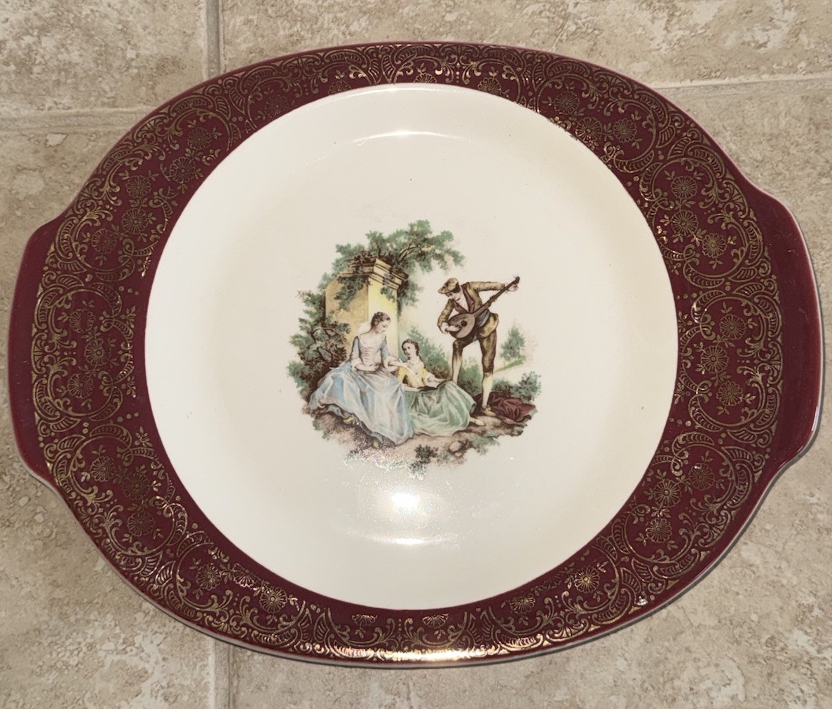 Vintage Sebring Pottery Serenade Burgundy T-S284 22K Gold Handled Platter USA