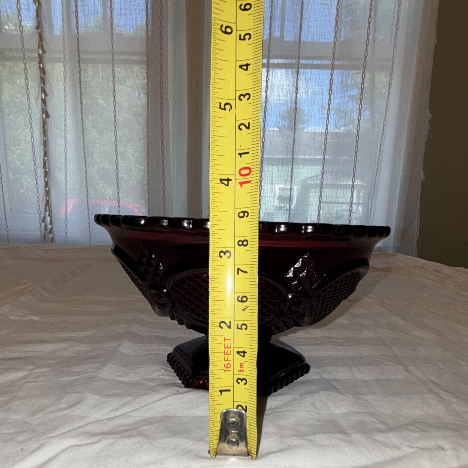 Avon Red Pressed Glass Diamond Pedestal Candy Dish